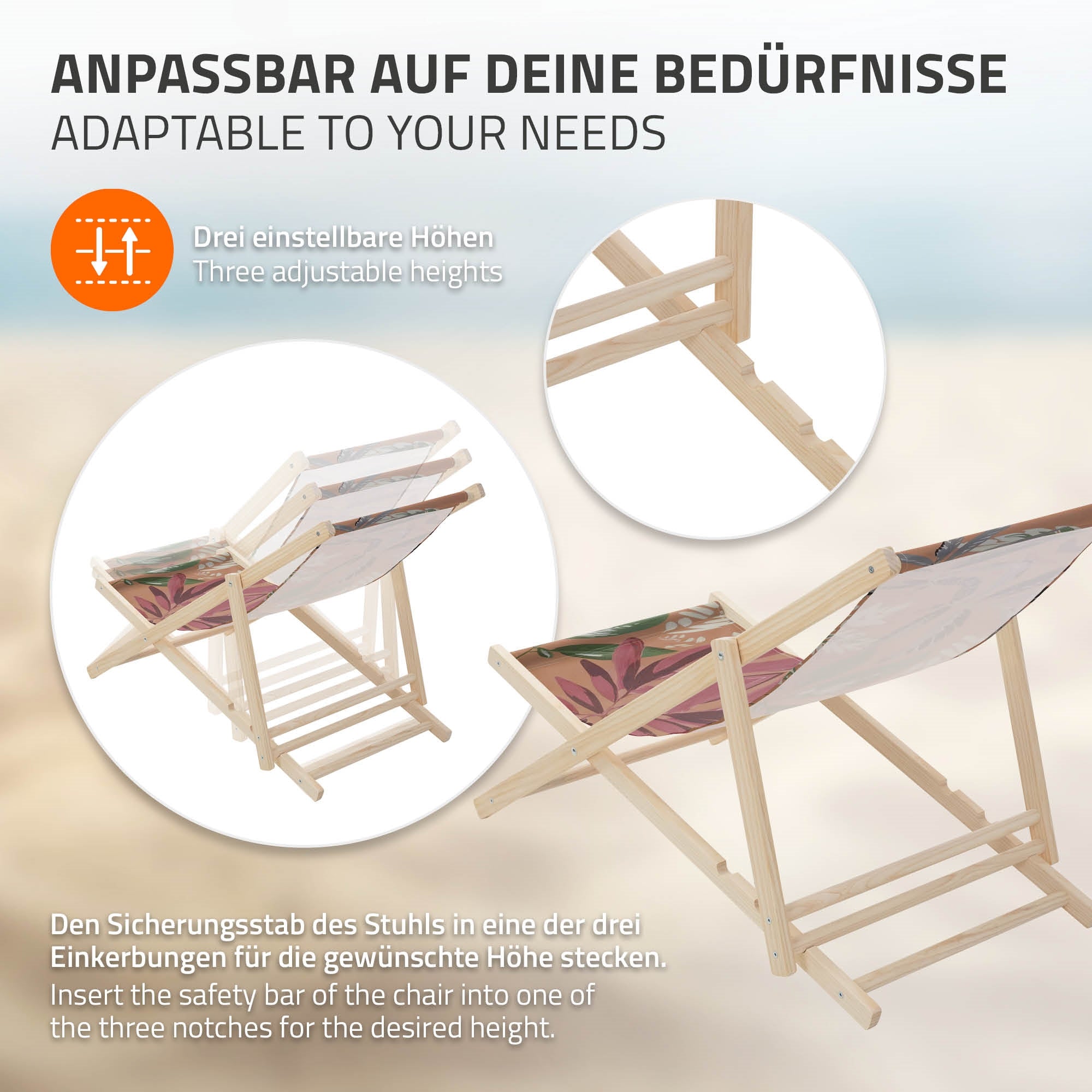 Holzliegestuhl mit verstellbarem Bezug in drei Höhen, am Strand.