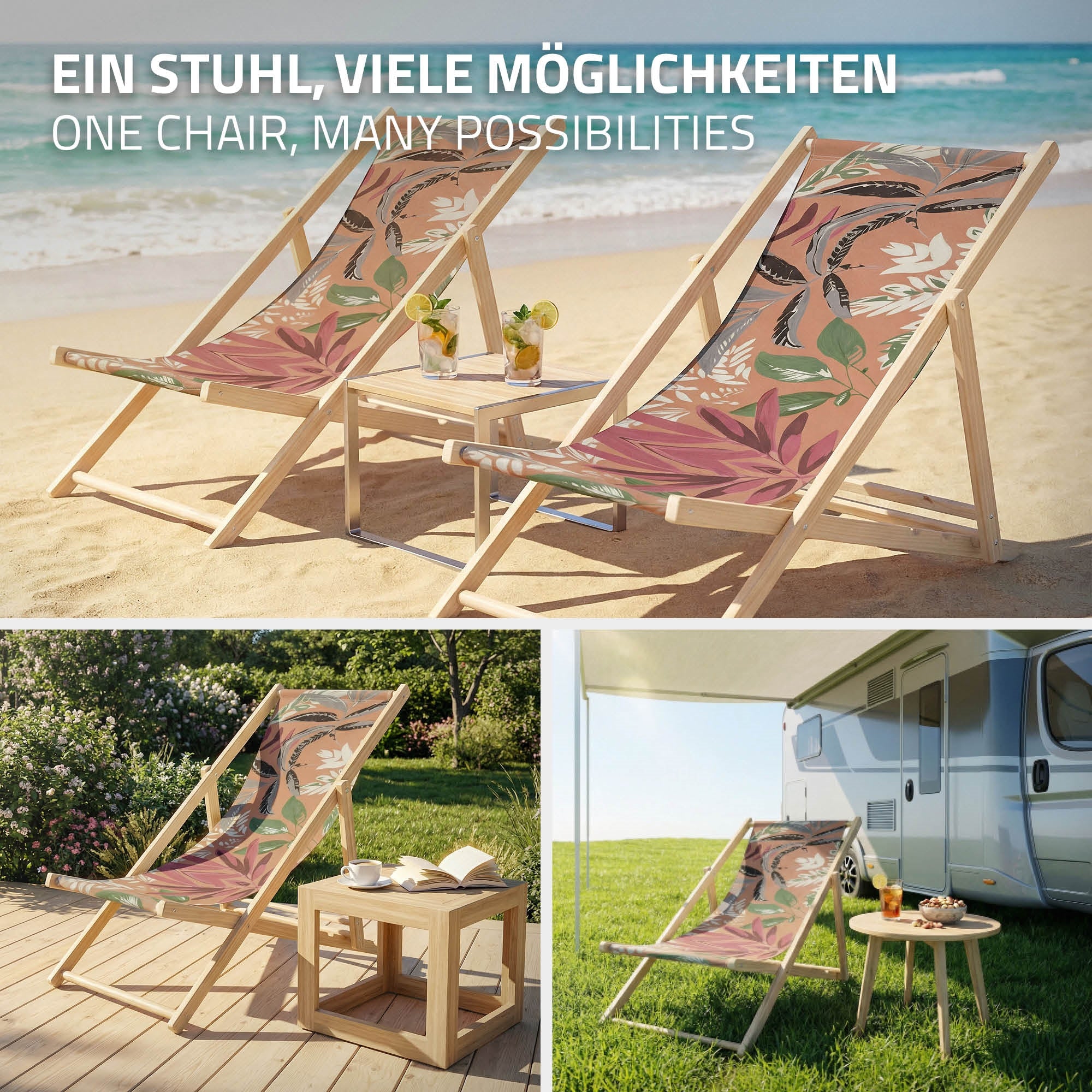 Zwei Liegen am Strand mit Tisch, umgeben von Sand.