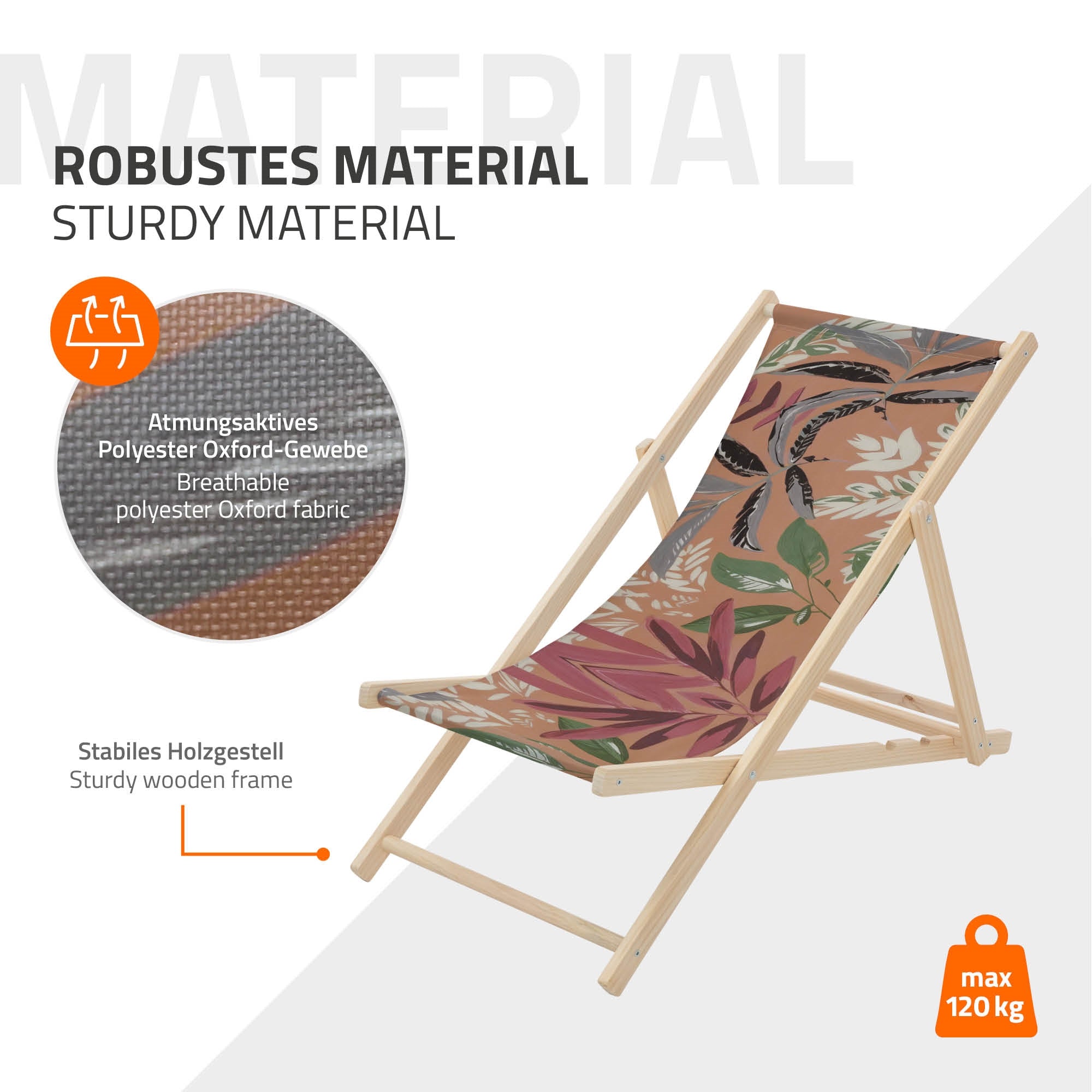 Strandliege aus robustem Material mit braunem Blattmotiv.