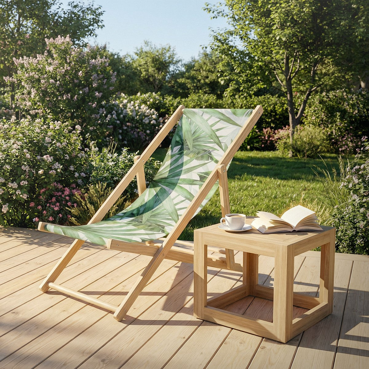 Ligstoel in de tuin met bloemen, een tafel, een kopje en een boek.