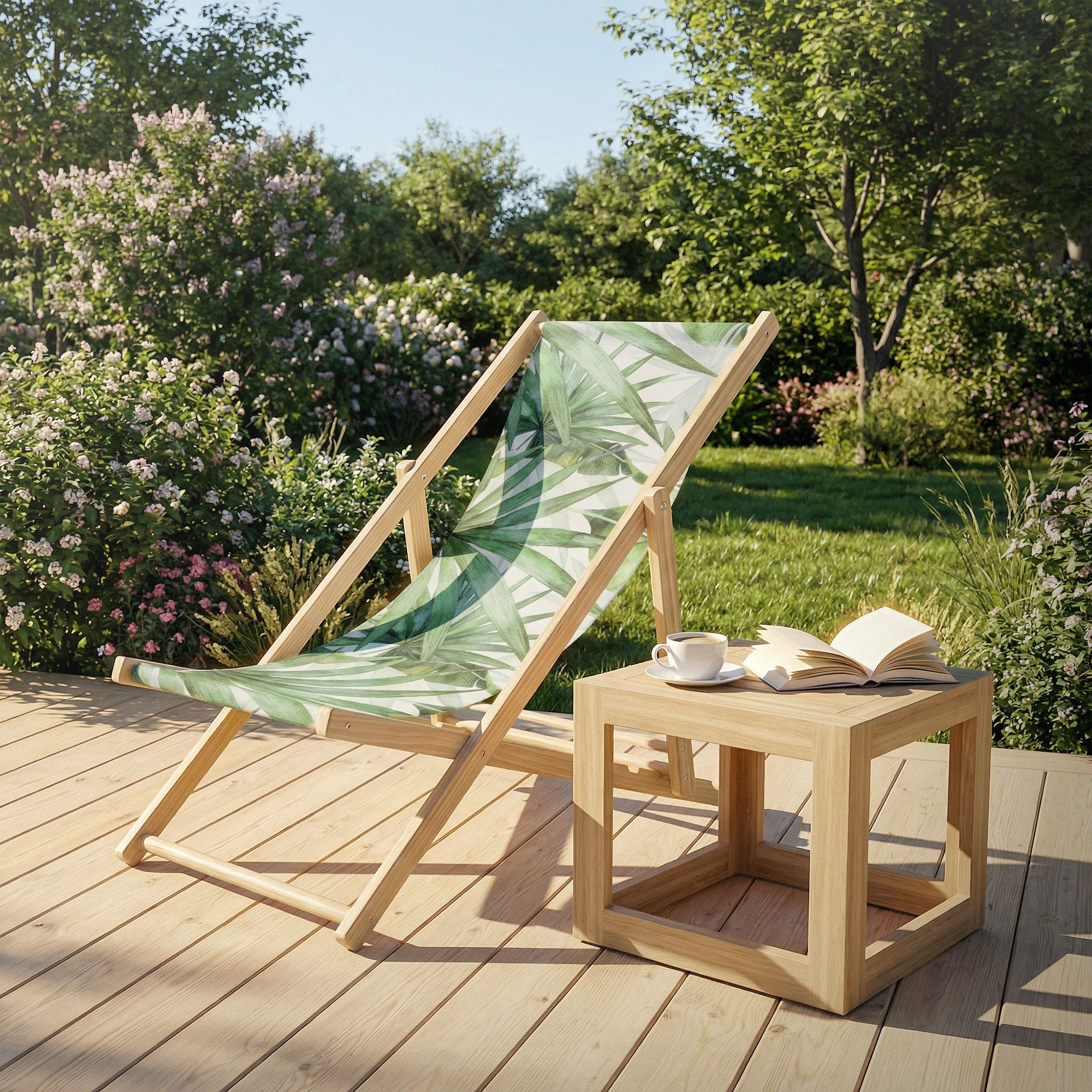 Liege im Garten mit Blumen, einem Tisch, einer Tasse und einem Buch.