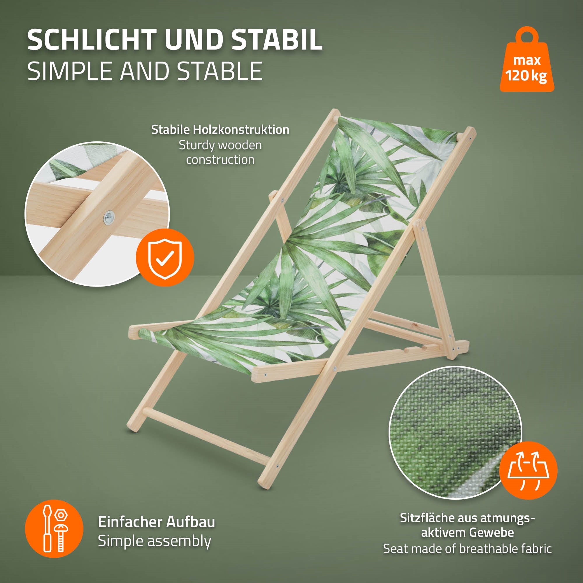 Grafik eines stabilen Liegestuhls mit grünem Blattmuster und einfacher Montage.