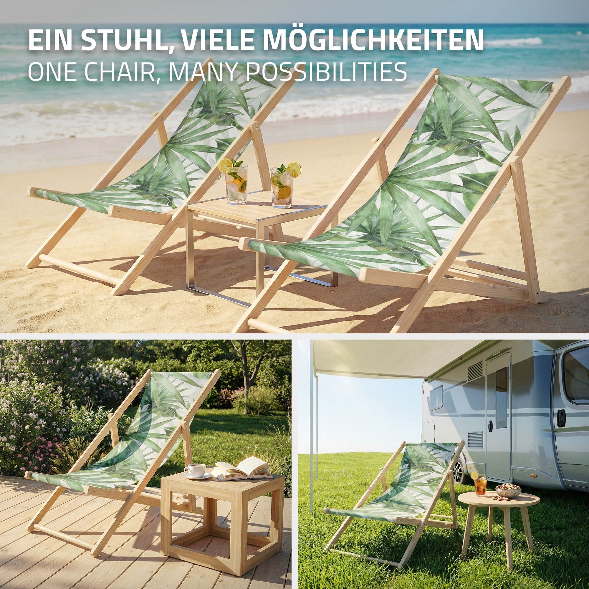 Zwei Liegestühle mit Pflanzenmotiv am Strand, Tisch mit Getränken.