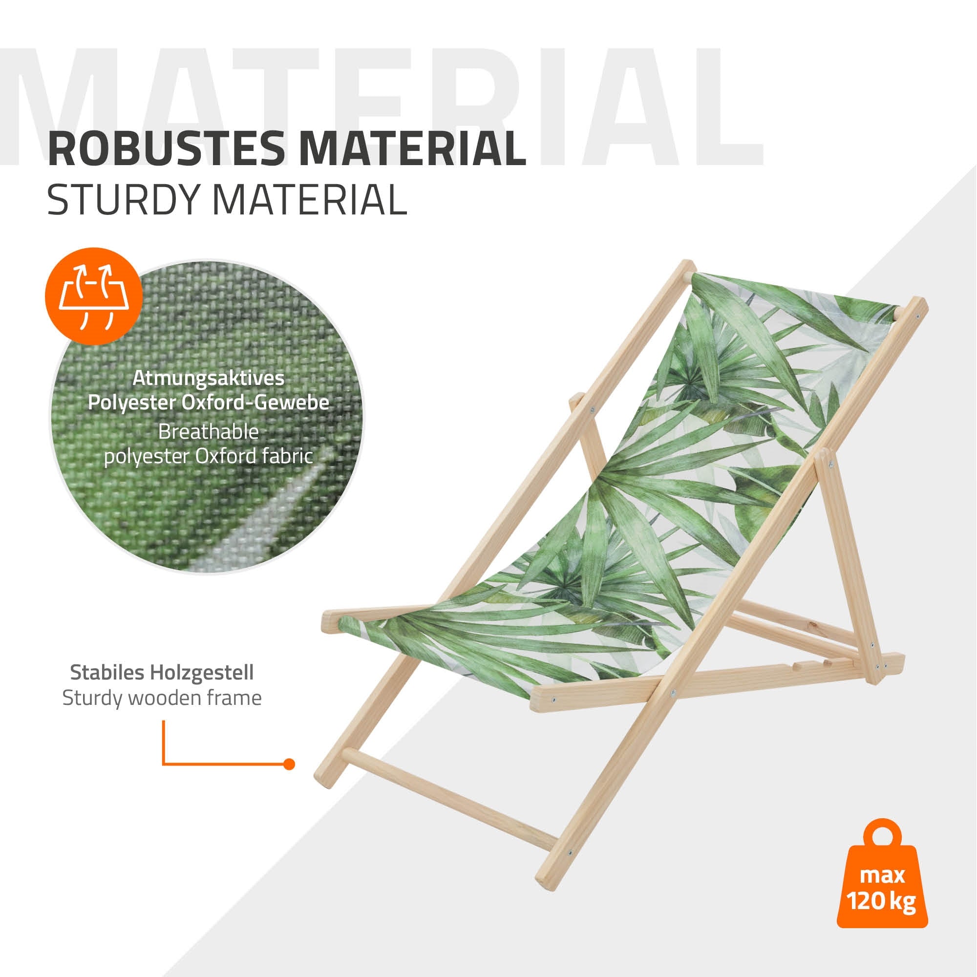 Liegestuhl aus robustem Material mit Holzgestell.