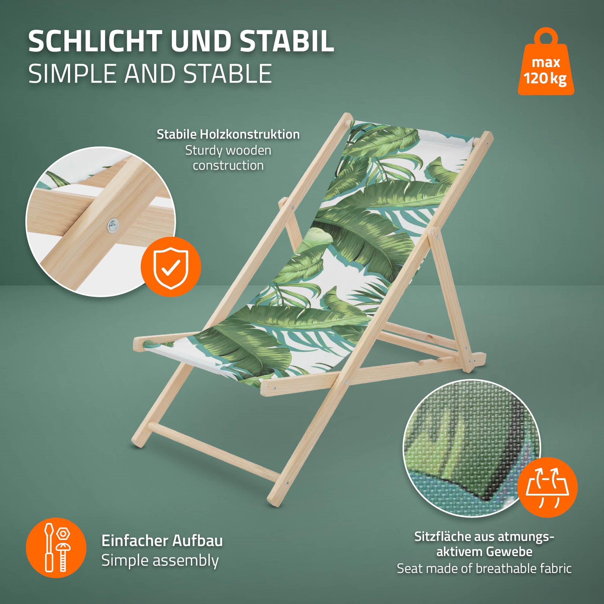 Liegestuhl aus Holz mit grünem Blattmuster, einfache Montage, max. 120 kg.