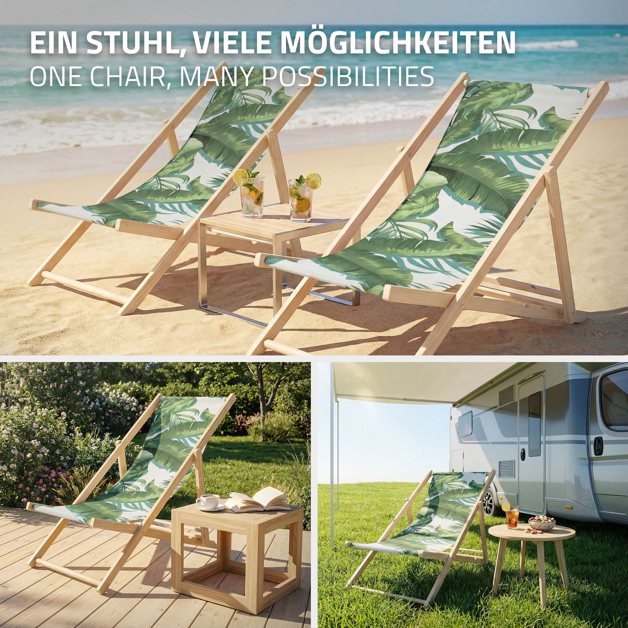 Drei Liegestühle am Strand, einer mit blättrigem Bezug, Tisch mit Getränken.