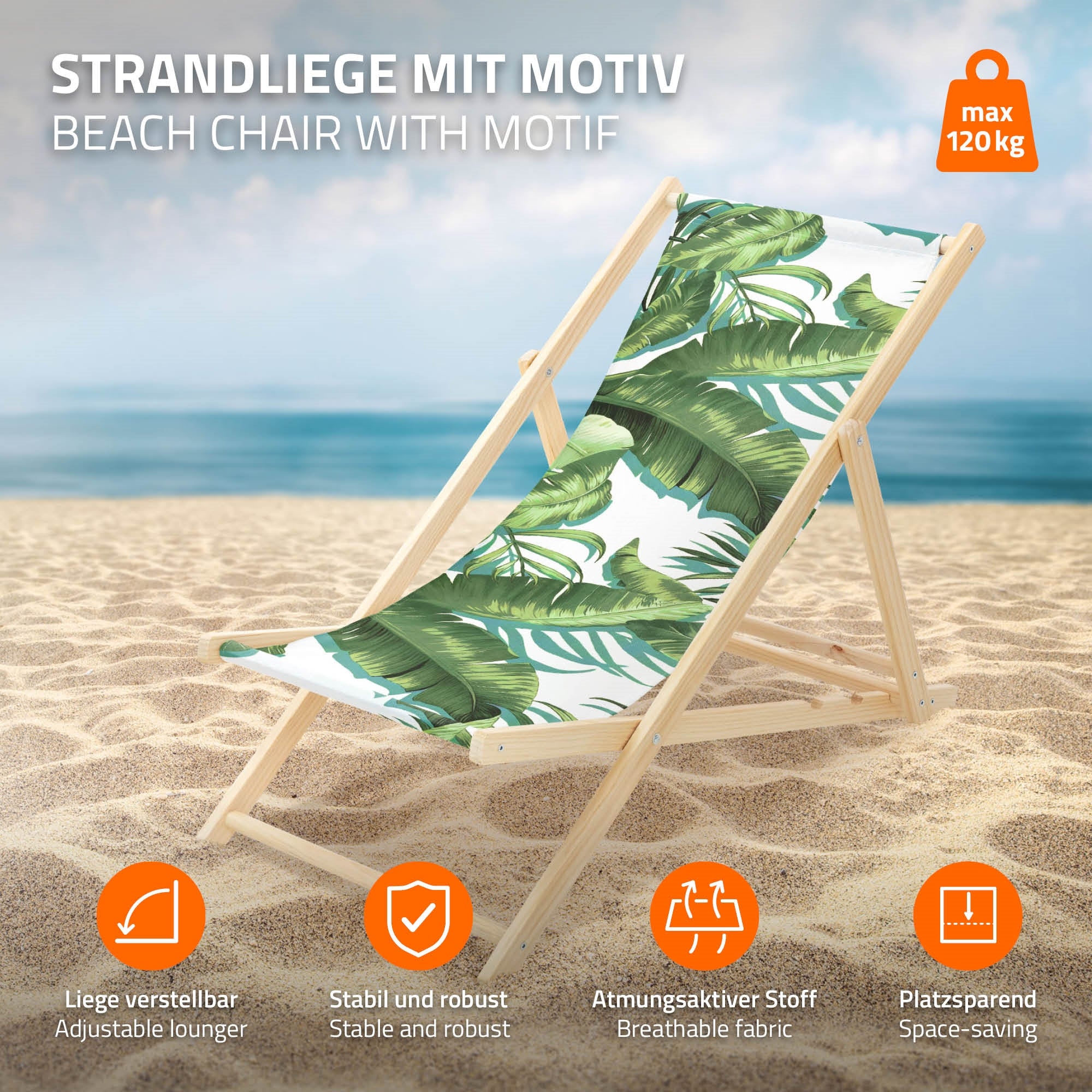 Strandliege mit grünem Blattmotiv auf Holzgestell.