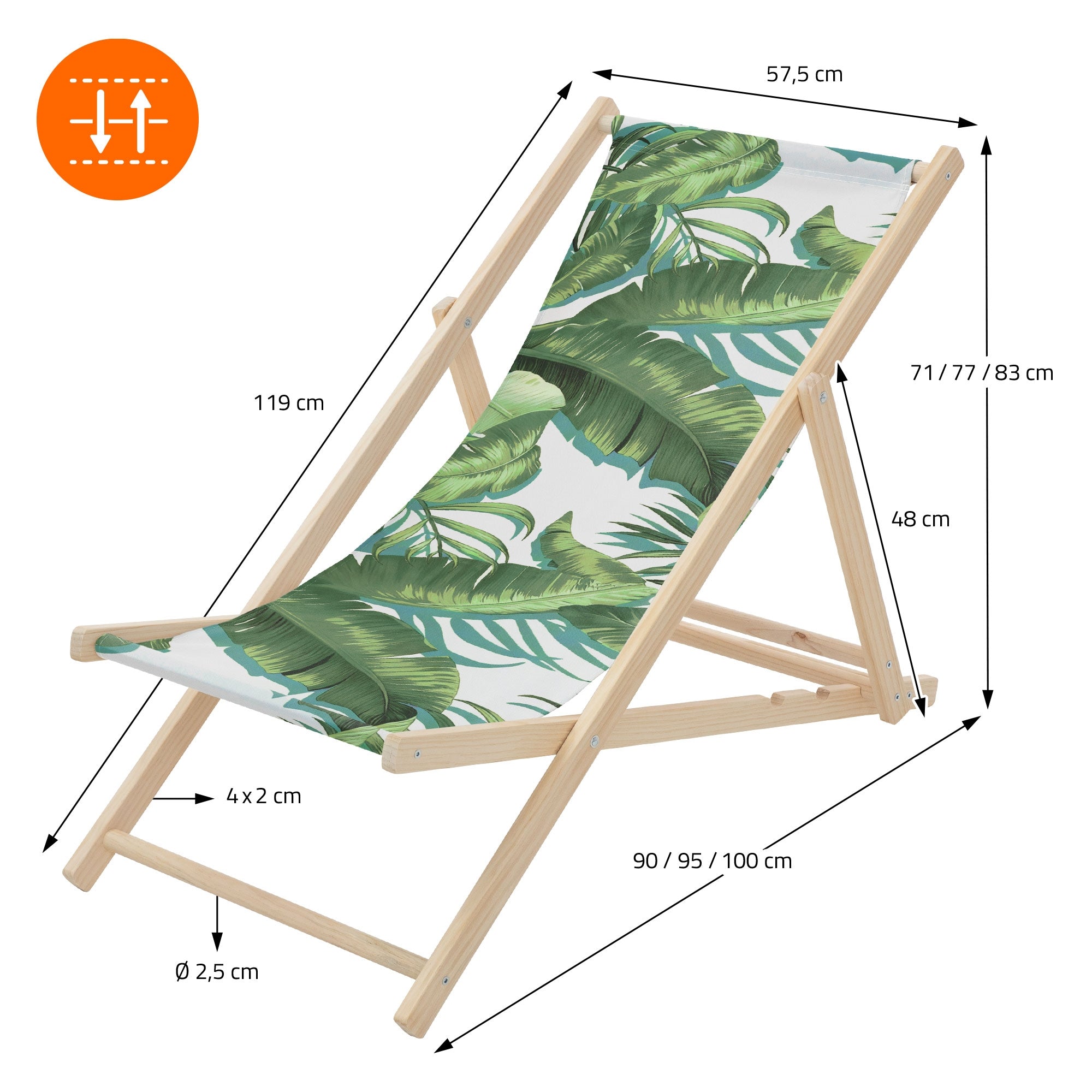 Liegestuhl mit Palmenmotiv, Maßen und Holzgestell auf weißem Hintergrund.