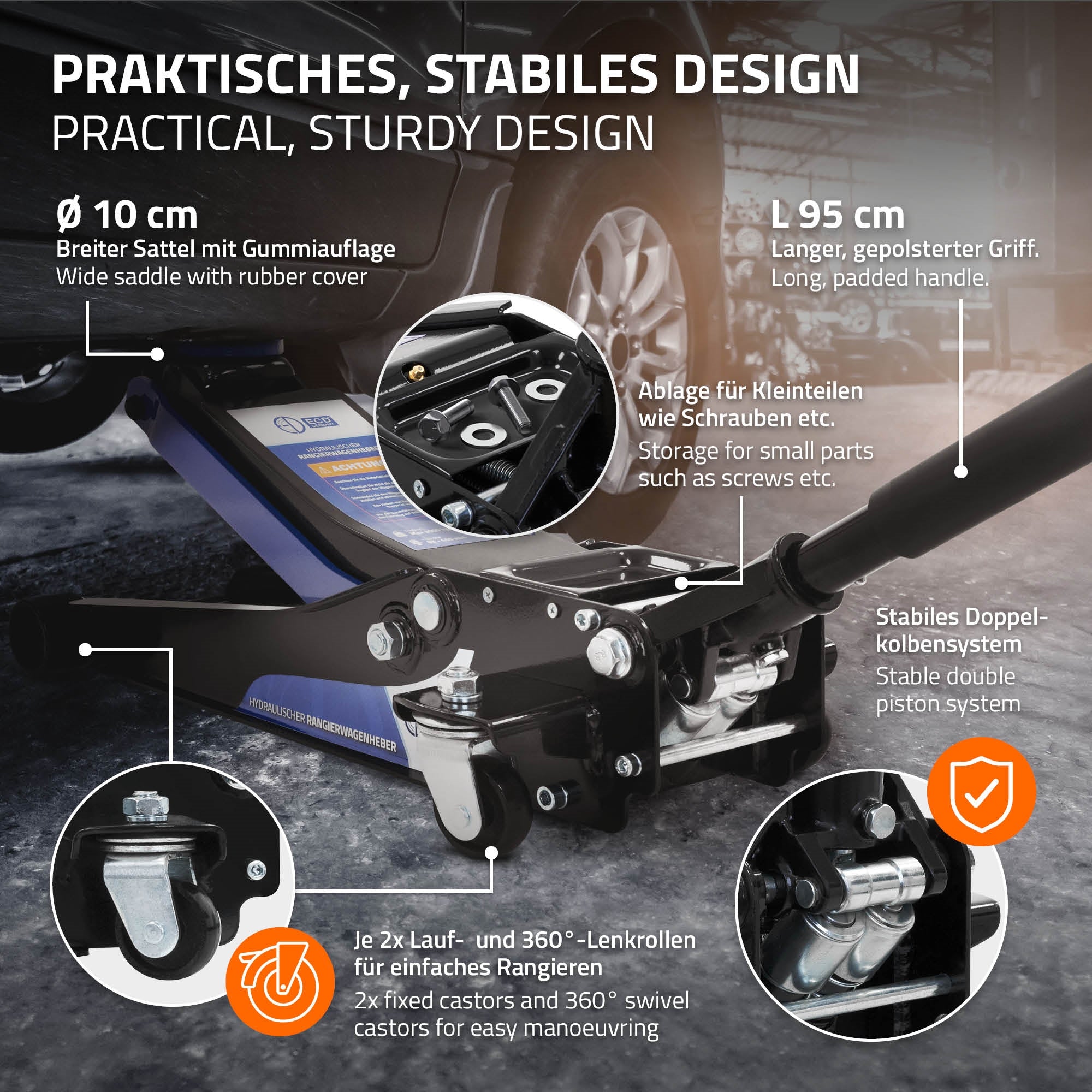 Detailansicht eines Wagenhebers mit stabiler Konstruktion und Rollen.