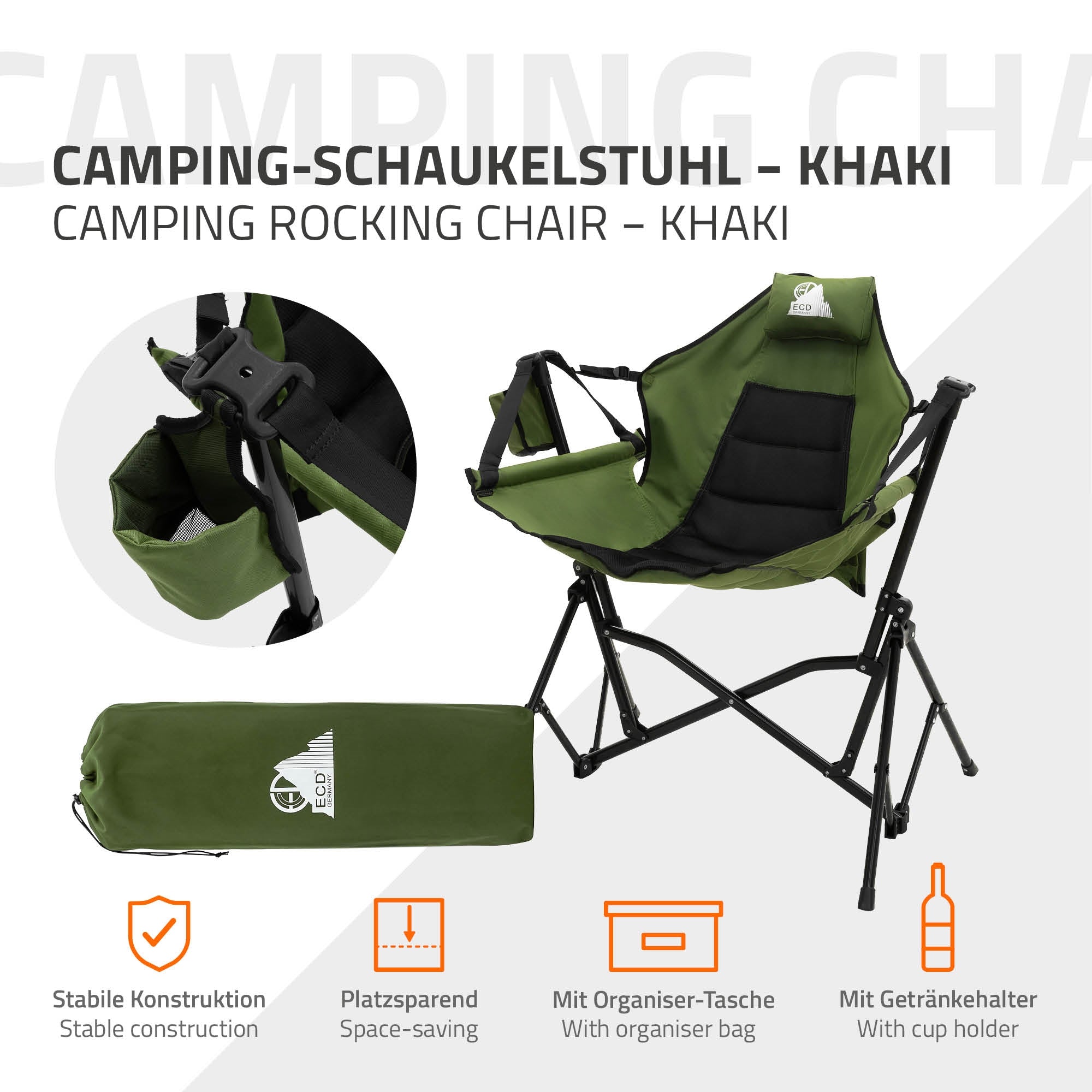 Ein grüner Camping-Schaukelstuhl mit Organizer-Tasche und Getränkehalter.
