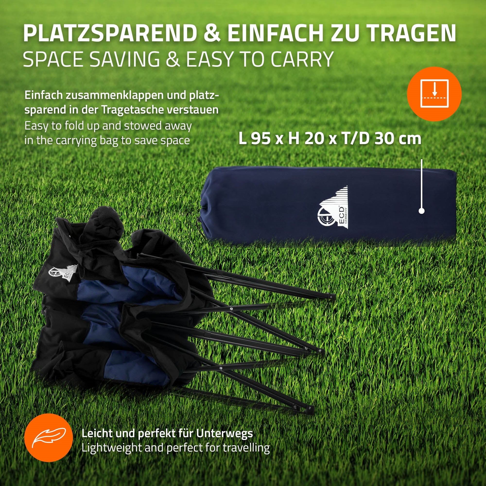 Platzsparend, leicht zu tragen, zusammengefaltet in Tragetasche.