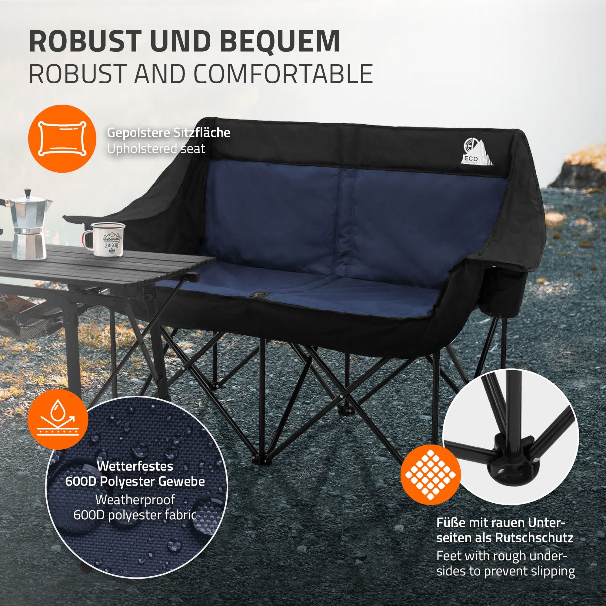 Schwarzer Campingstuhl mit blauer Sitzfläche und Tisch im Freien.