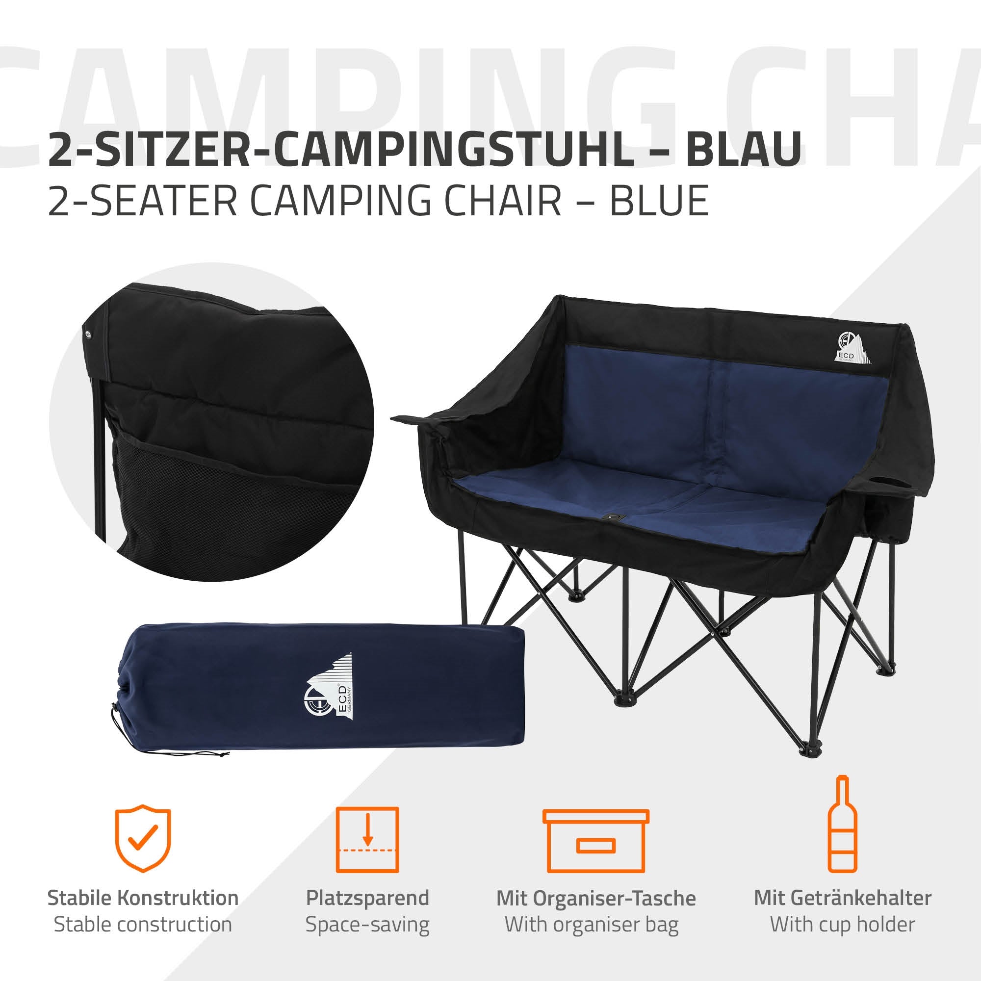 Zweisitzer-Campingstuhl in Blau, mit Organizer-Tasche und Getränkehalter.