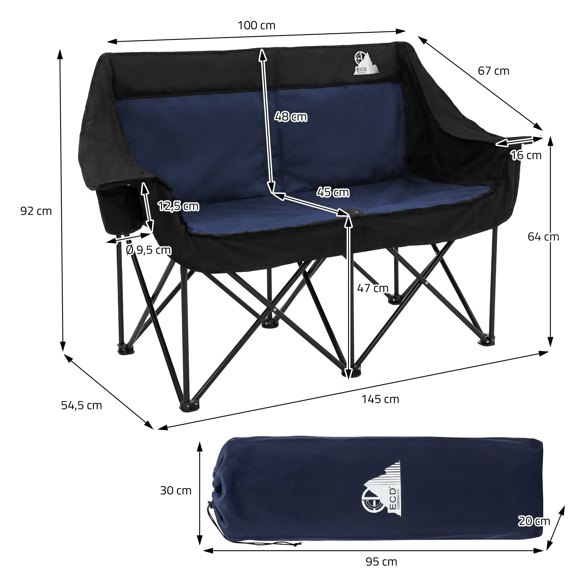 Maßzeichnung eines 2-Sitzer-Campingstuhls mit Abmessungen in cm.