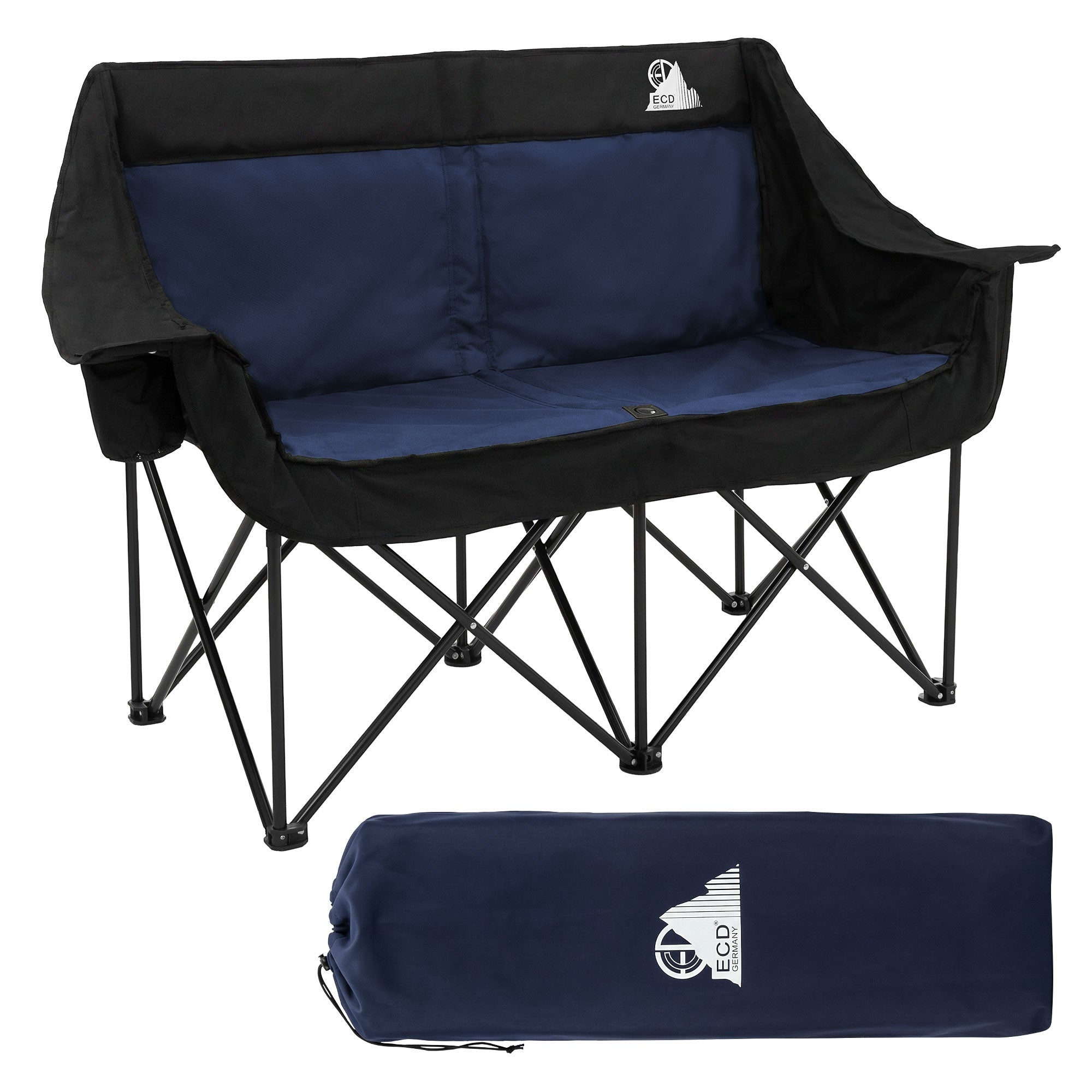 Foto eines 2-Sitzer-Campingstuhls in Khaki, zusammen mit der Tragetasche.