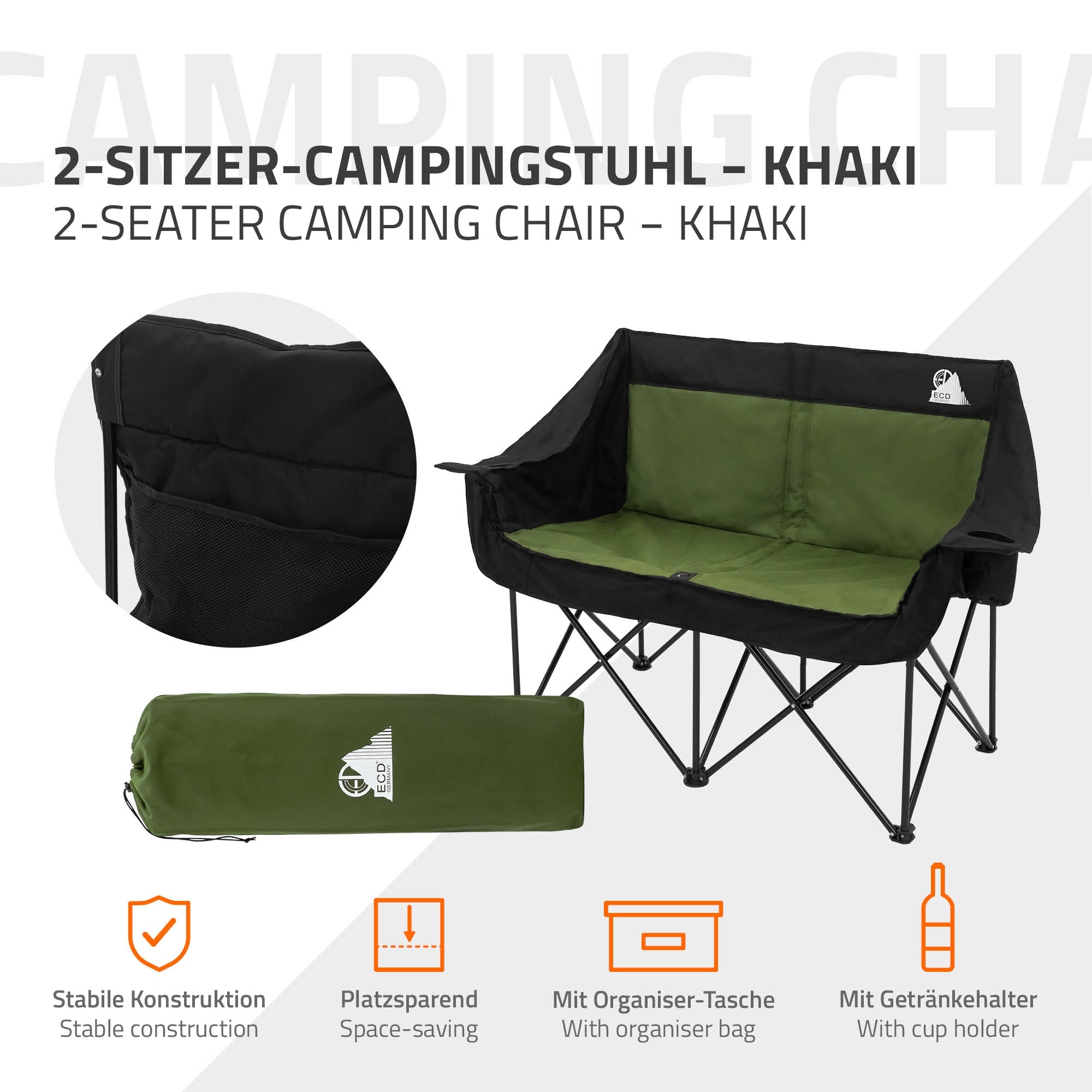 Grafik eines 2-Sitzer-Campingstuhls in Khaki mit Organizer-Tasche und Getränkehalter.