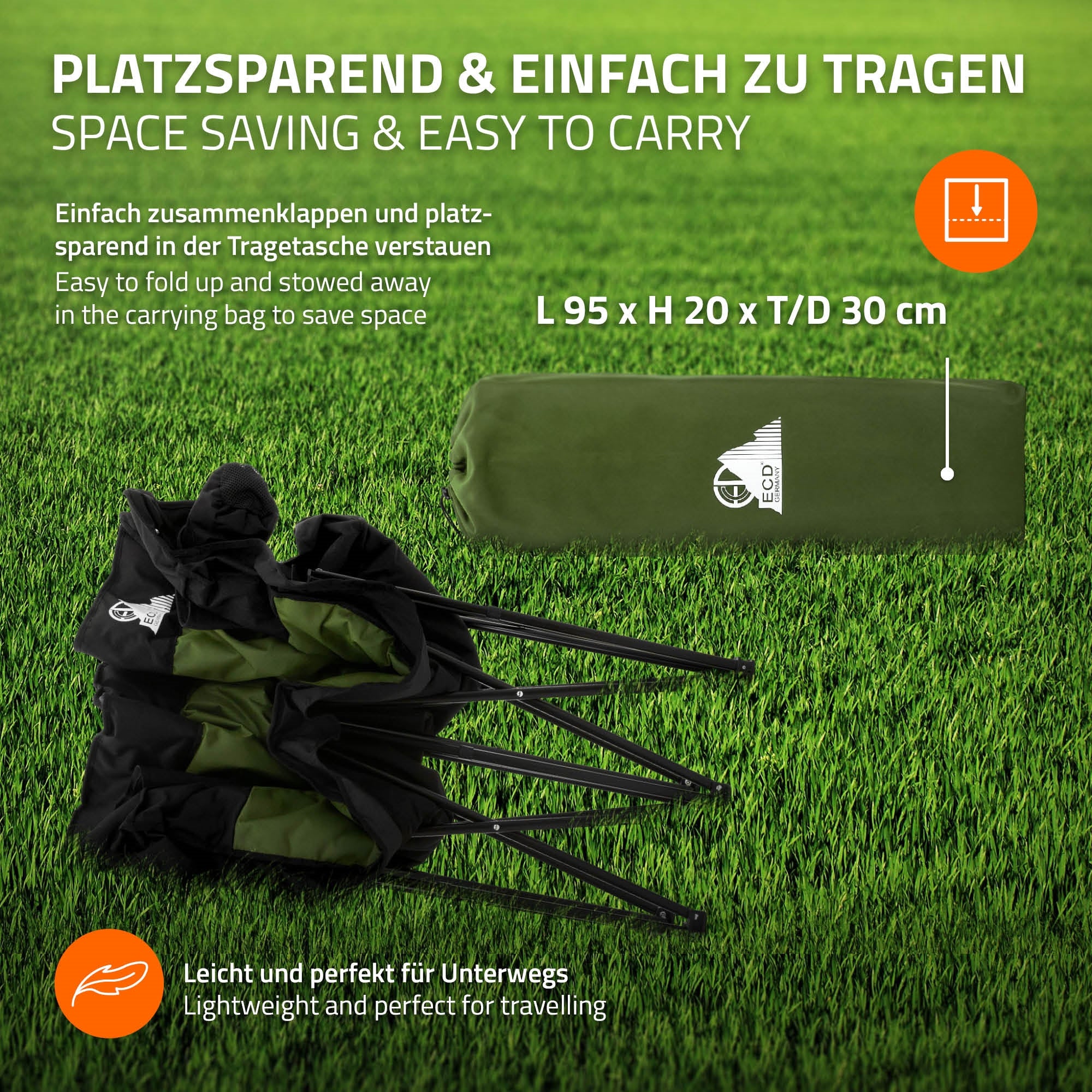 Grüne Tragetasche mit zusammengefalteten Stangen auf grünem Rasen.