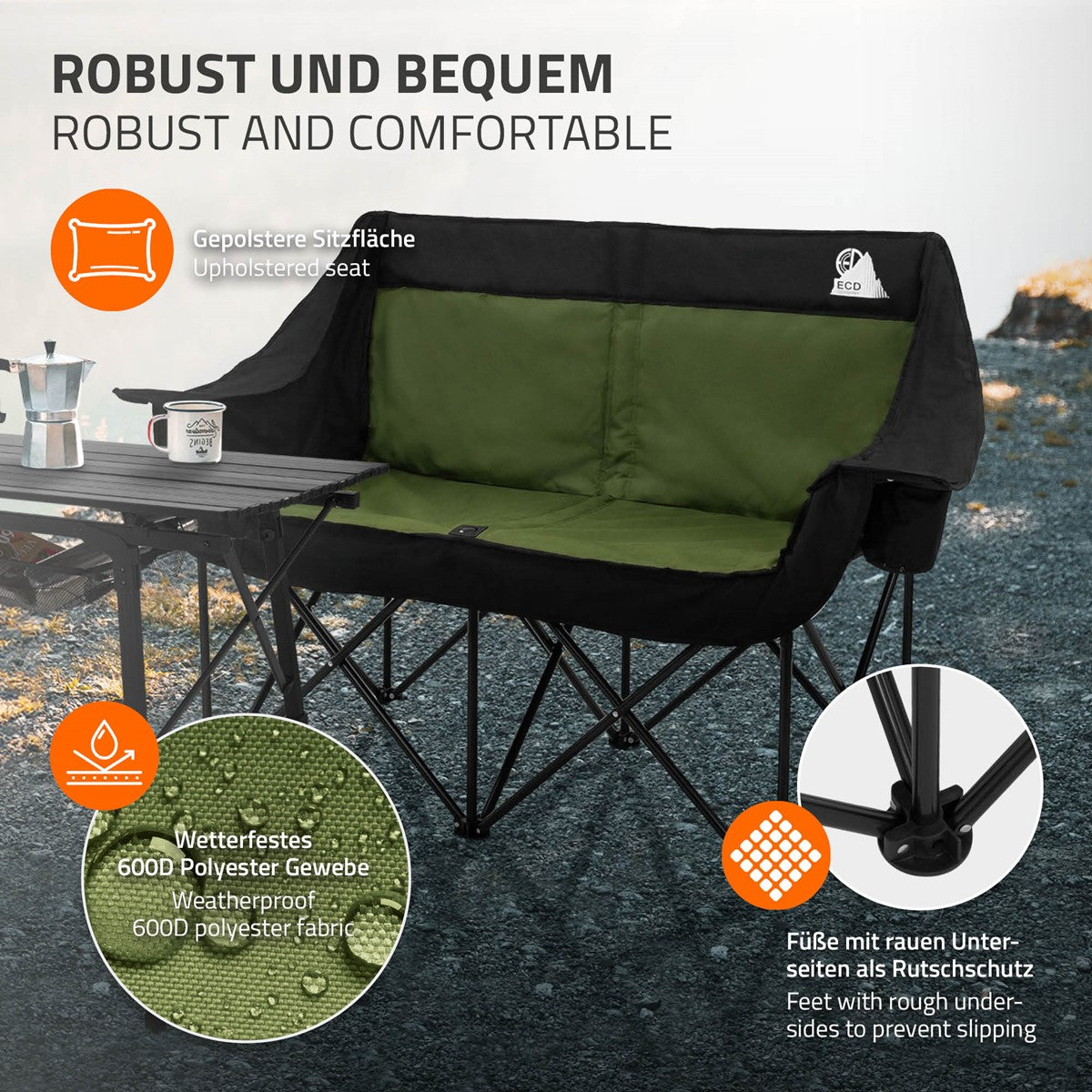 Campingstuhl mit grünem Sitzpolster, wetterfest, auf unebenem Untergrund.