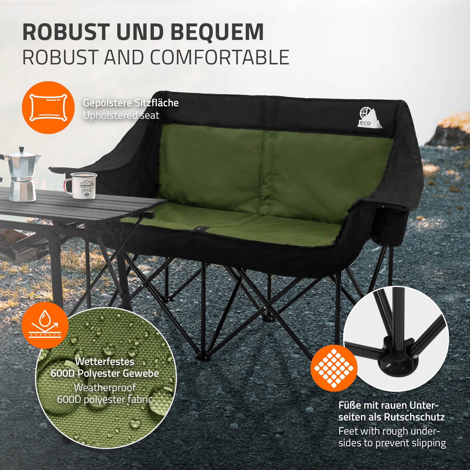 Campingstuhl mit grünem Sitzpolster, wetterfest, auf unebenem Untergrund.
