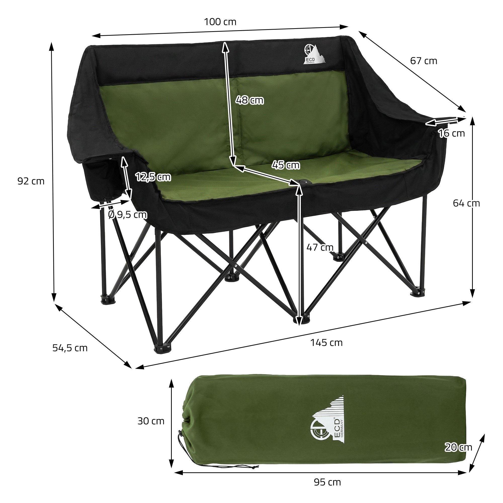 Zweisitzer Campingstuhl mit Maßen und Klappmechanismus.