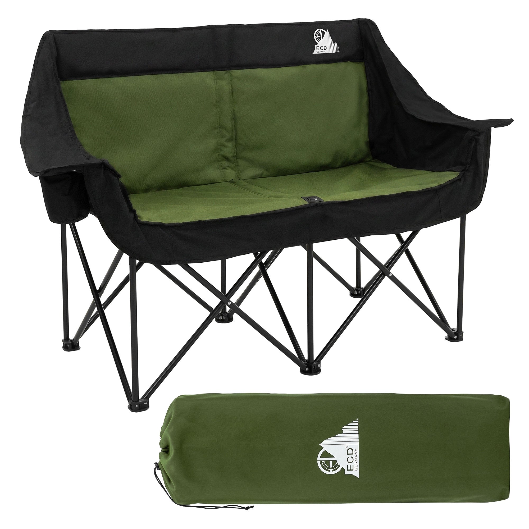 Zweisitzer Campingstuhl, zusammengeklappt und ausgeklappt.