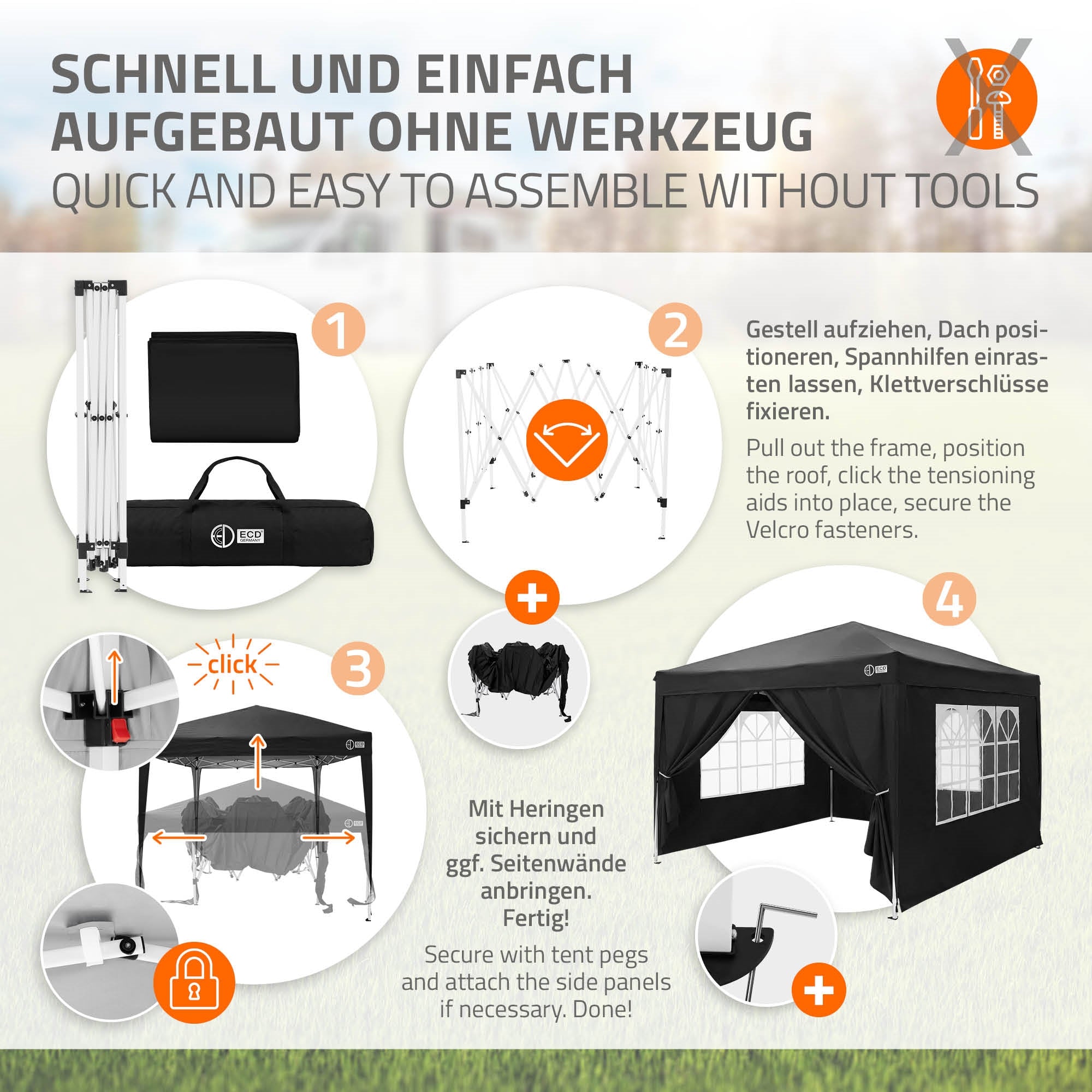 Instructions for setting up a pavilion without tools.