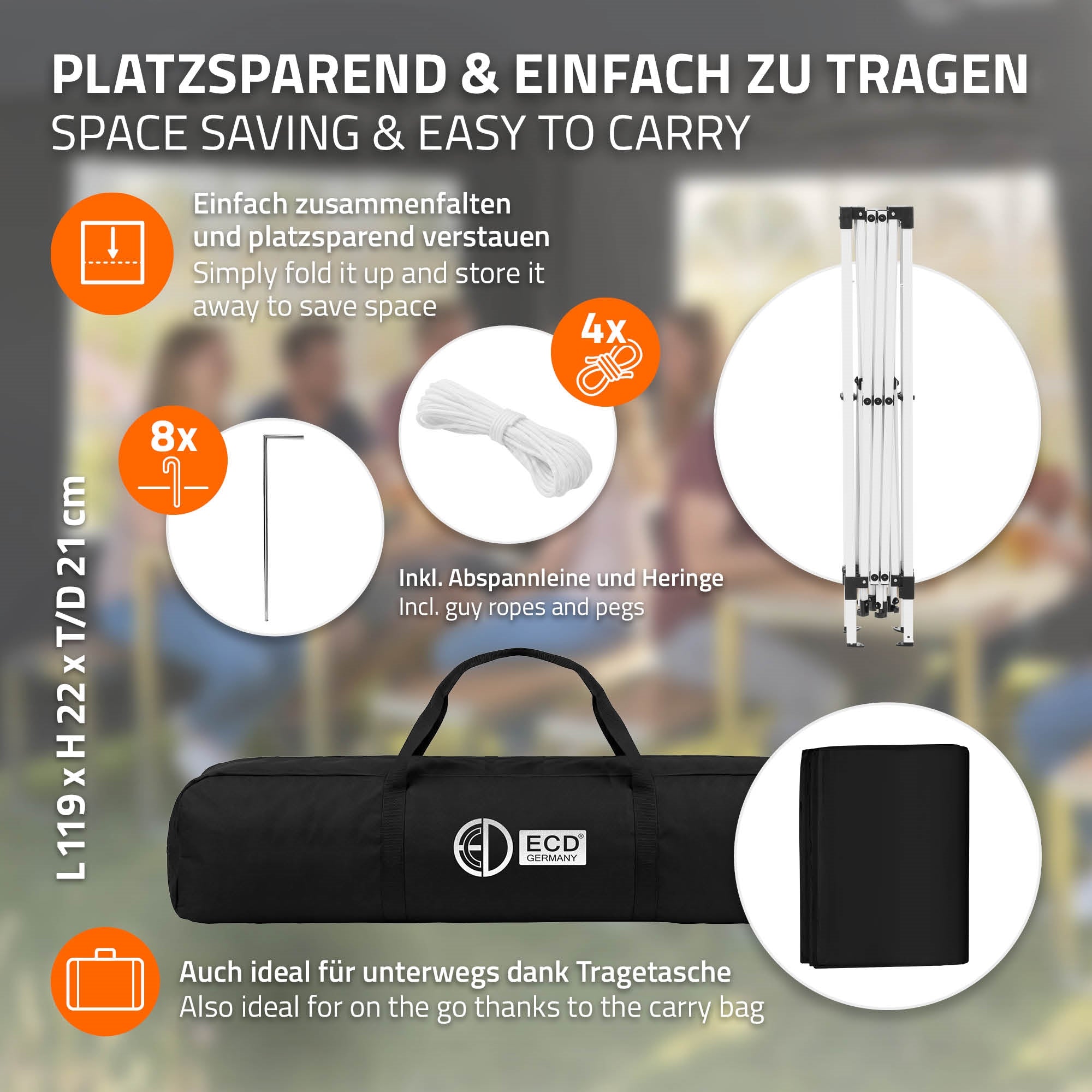 Carrying bag with folded pavilion and accessories on a light background.