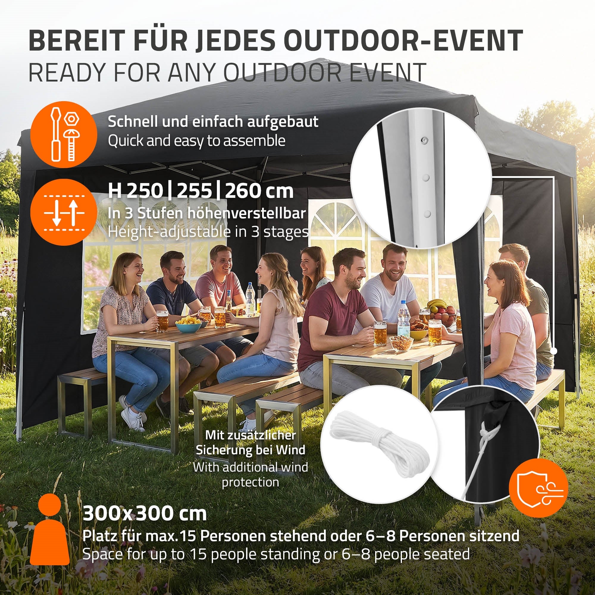 Tent with table and chairs, height-adjustable, for outdoor events, 300x300 cm.