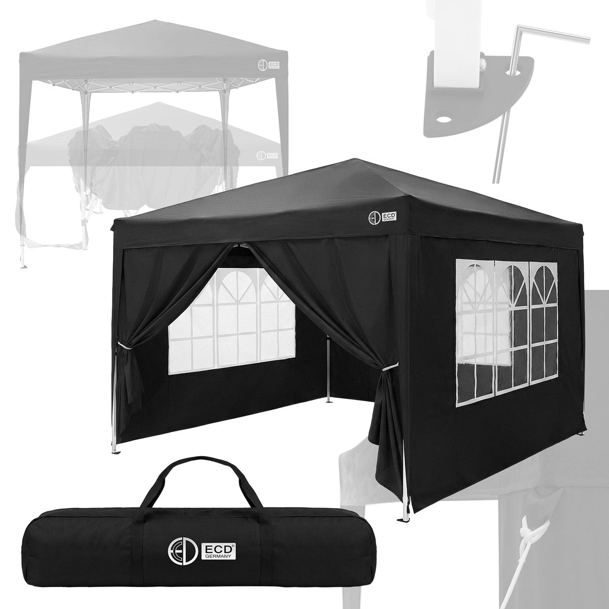 Schwarzes Pavillon mit Fenstern und Tragetasche, verschiedene Teile abgebildet.