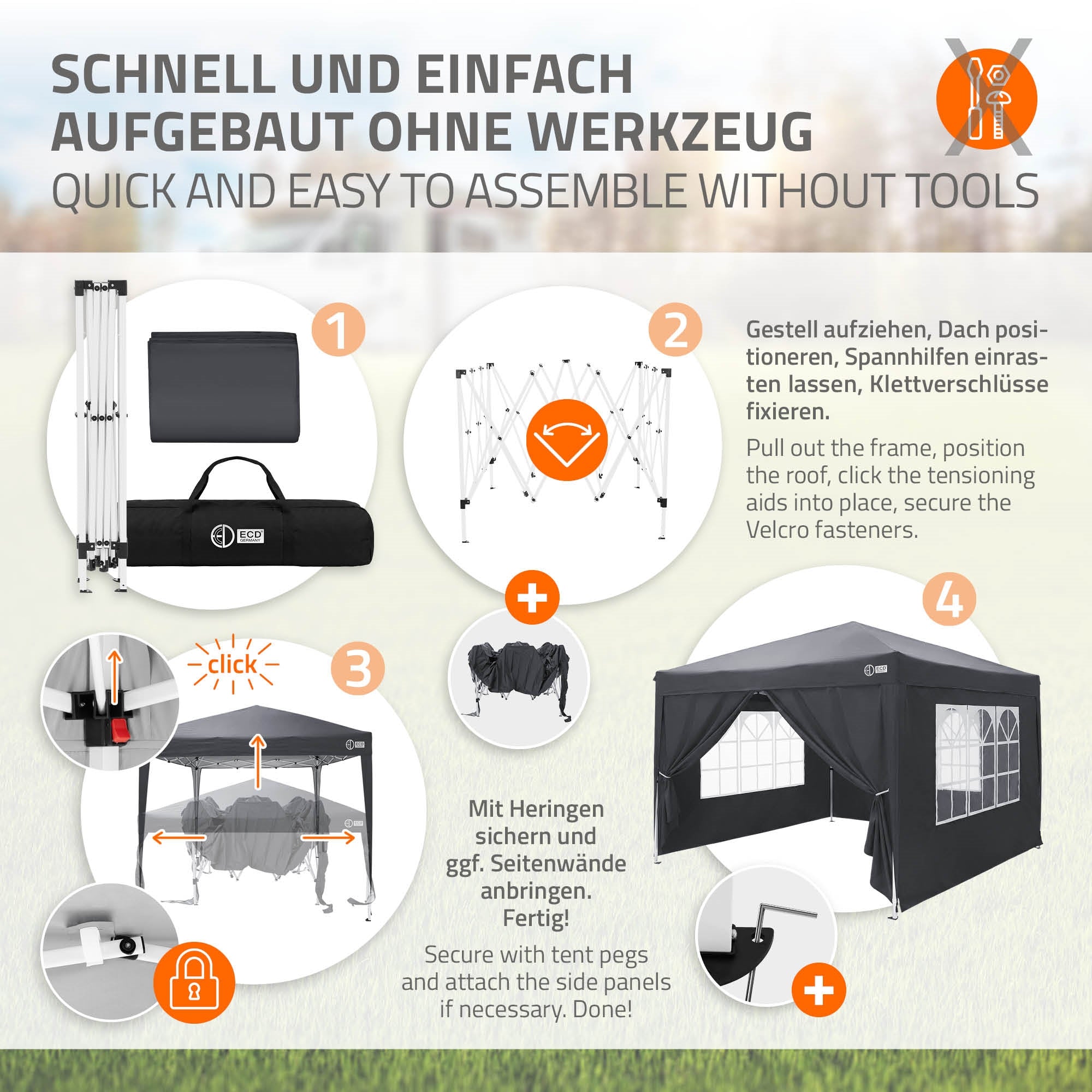 Anleitung zum Aufbau eines Pavillons ohne Werkzeug.