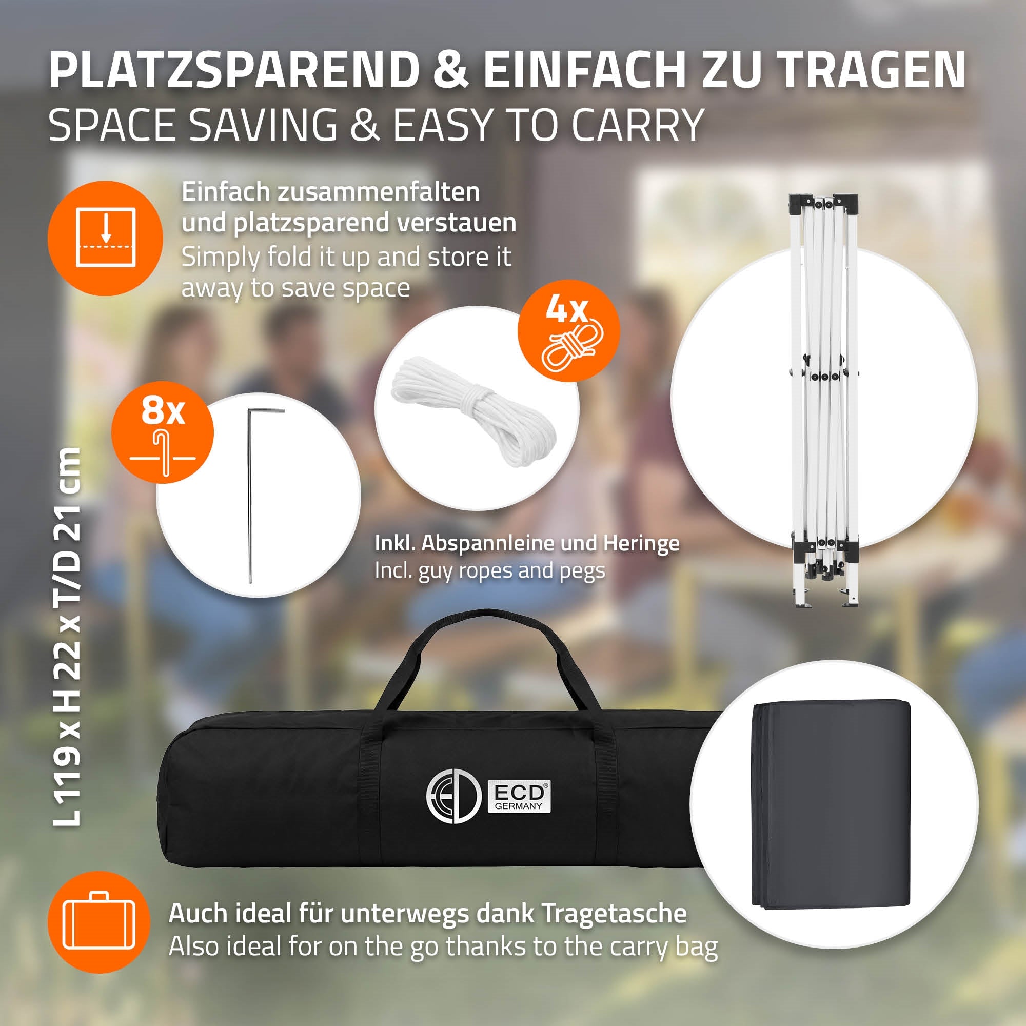 Tragetasche für Zelt mit Zubehör, die einfach zu transportieren ist.