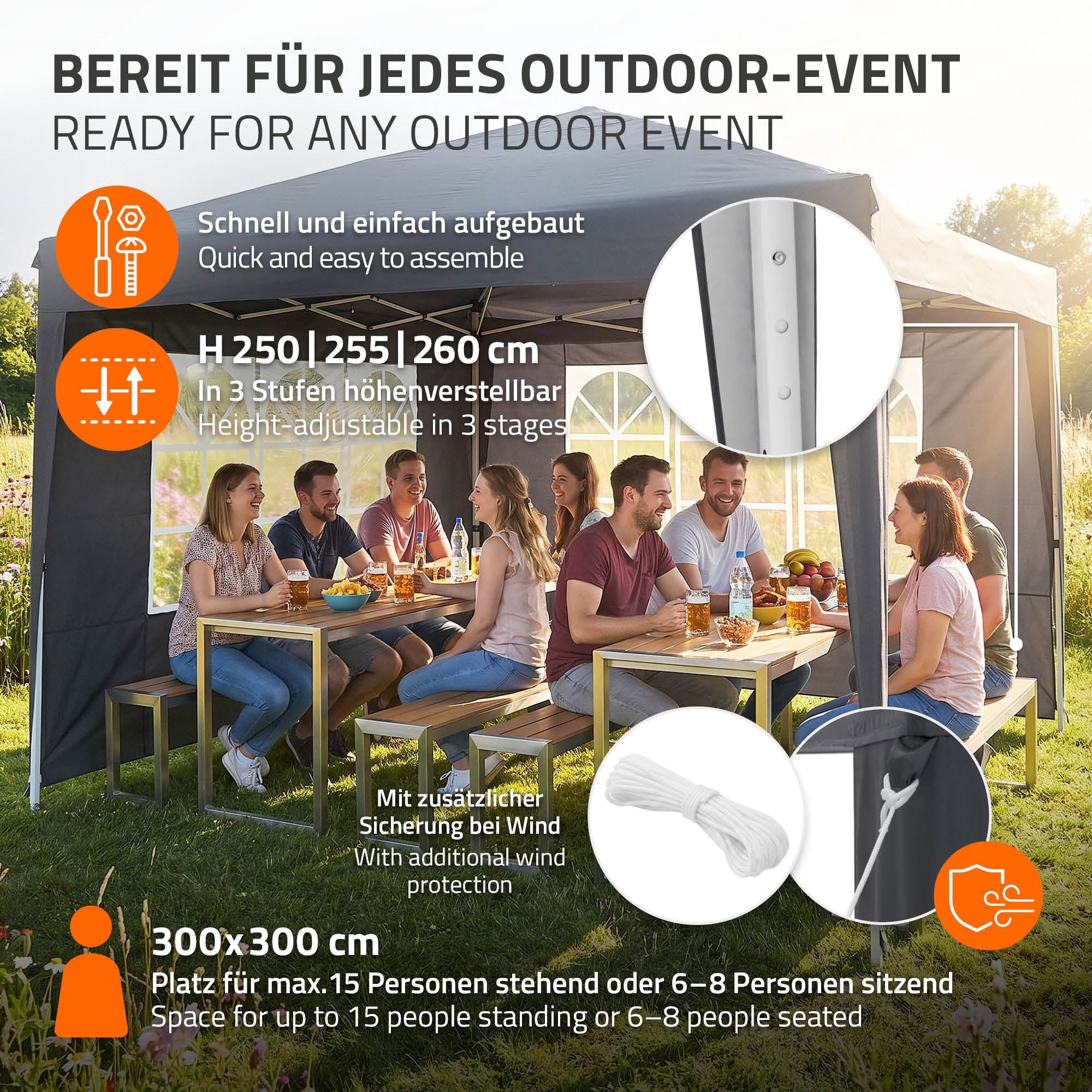 Pavillon mit Tisch und Stühlen, höhenverstellbar, für Outdoor-Events.
