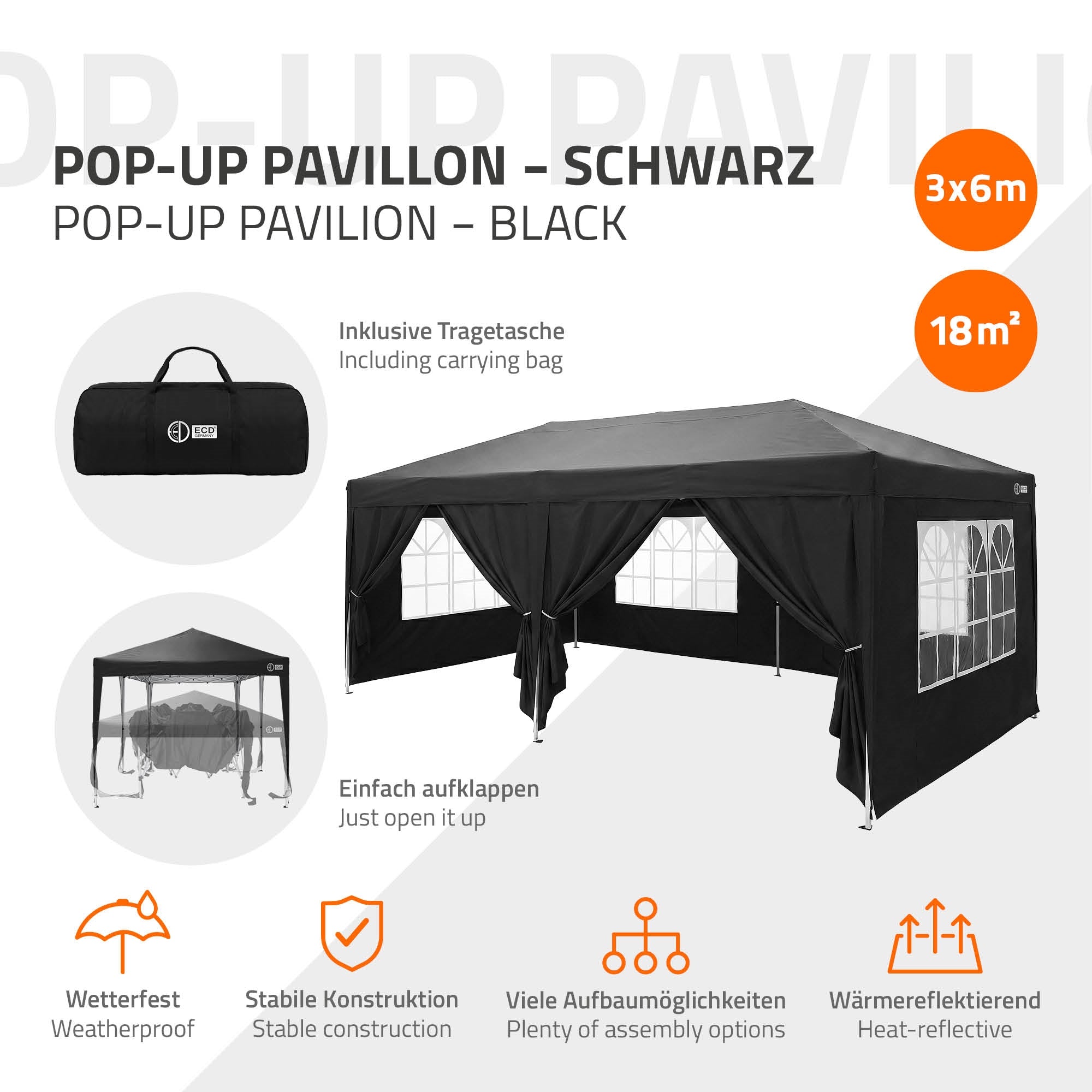 Schwarzer Pop-Up Pavillon mit Fenstern, auf einem Rasenplatz aufgebaut.