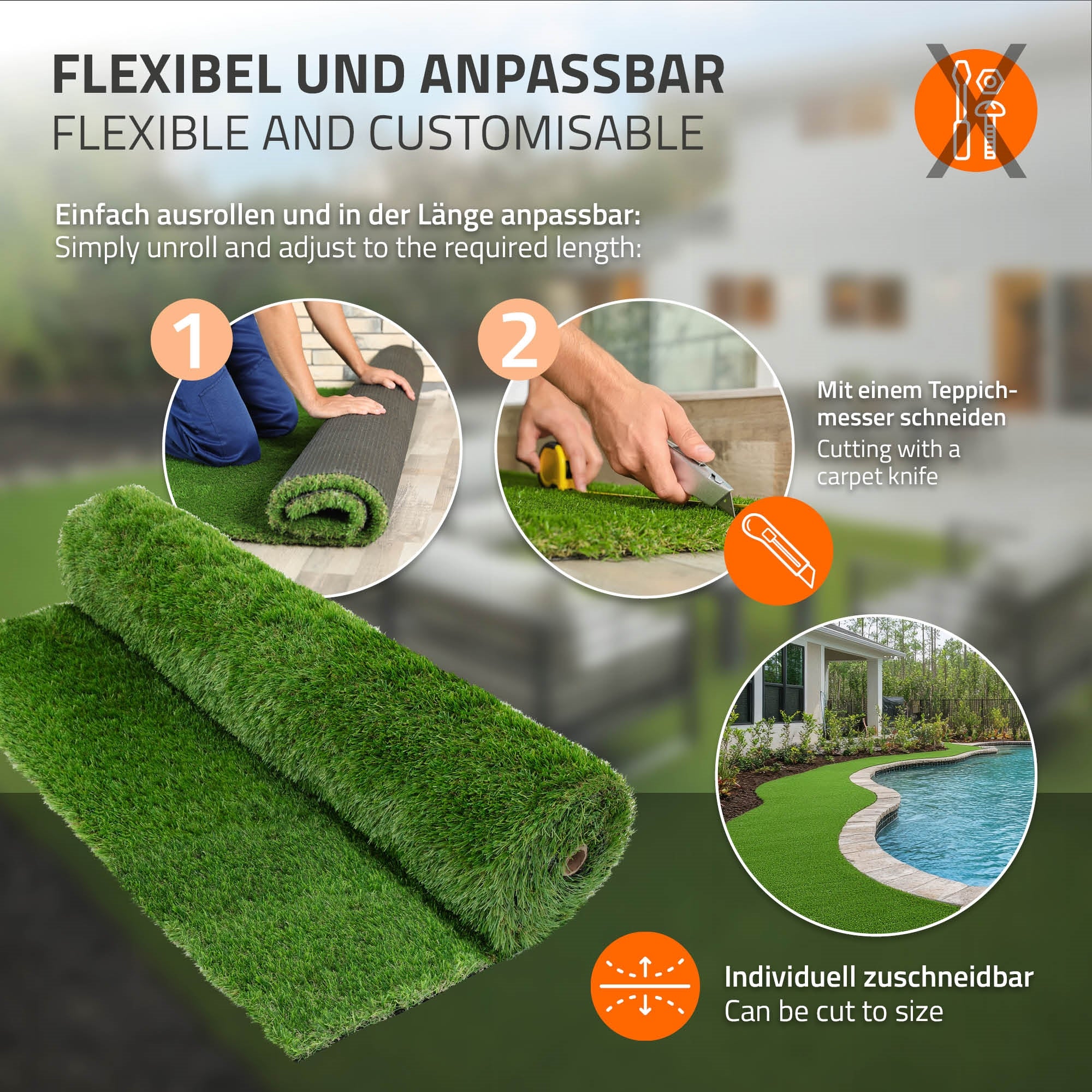 Vejledning til udrulning og beskæring af kunstgræs med billeder.
