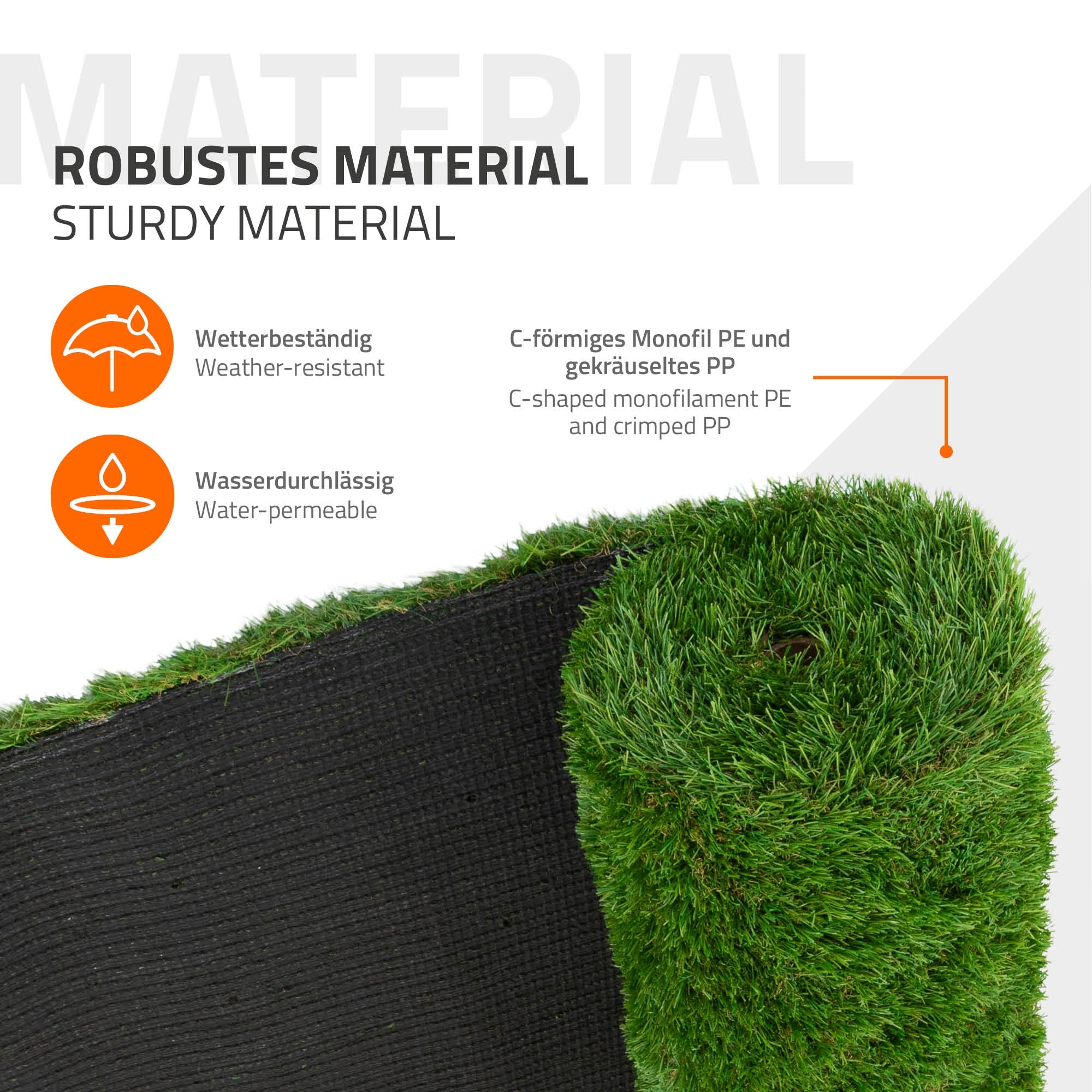 Grafik über robustes Material mit Symbolen für Wetterbeständigkeit und Wasserdurchlässigkeit.