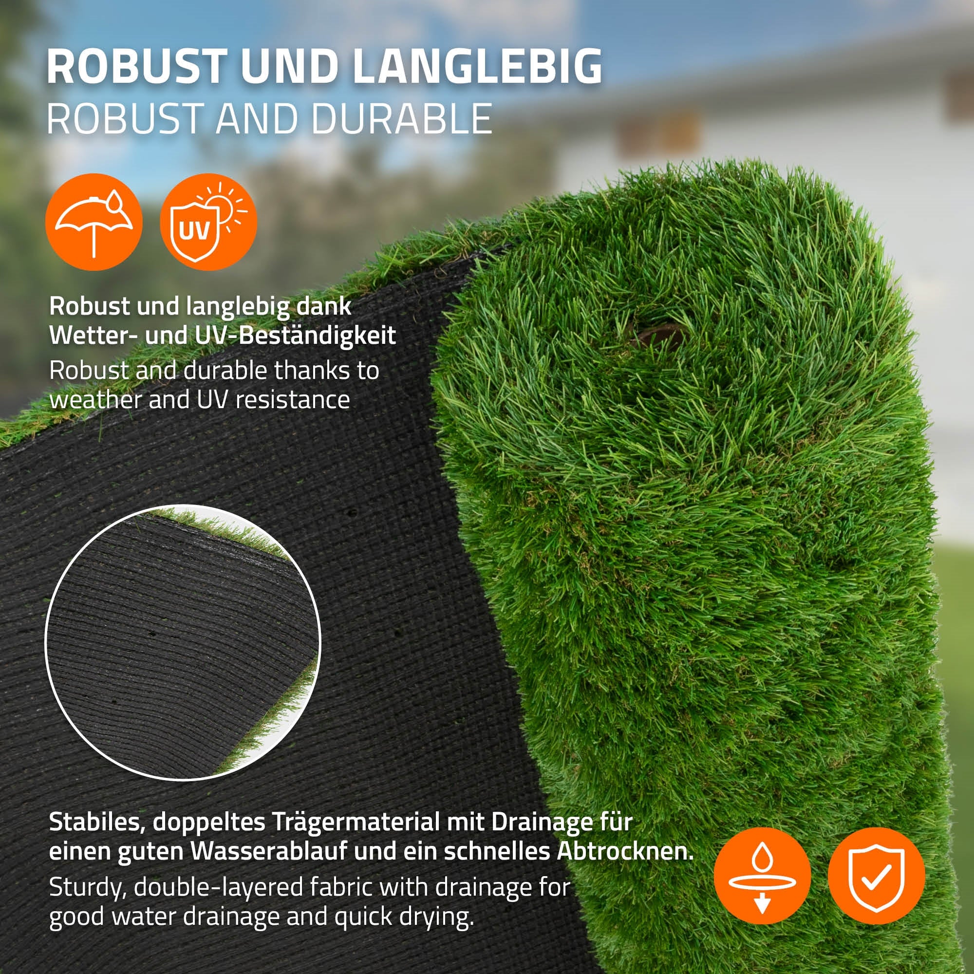Nahaufnahme von Kunstrasen mit Text über Robustheit und Langlebigkeit.