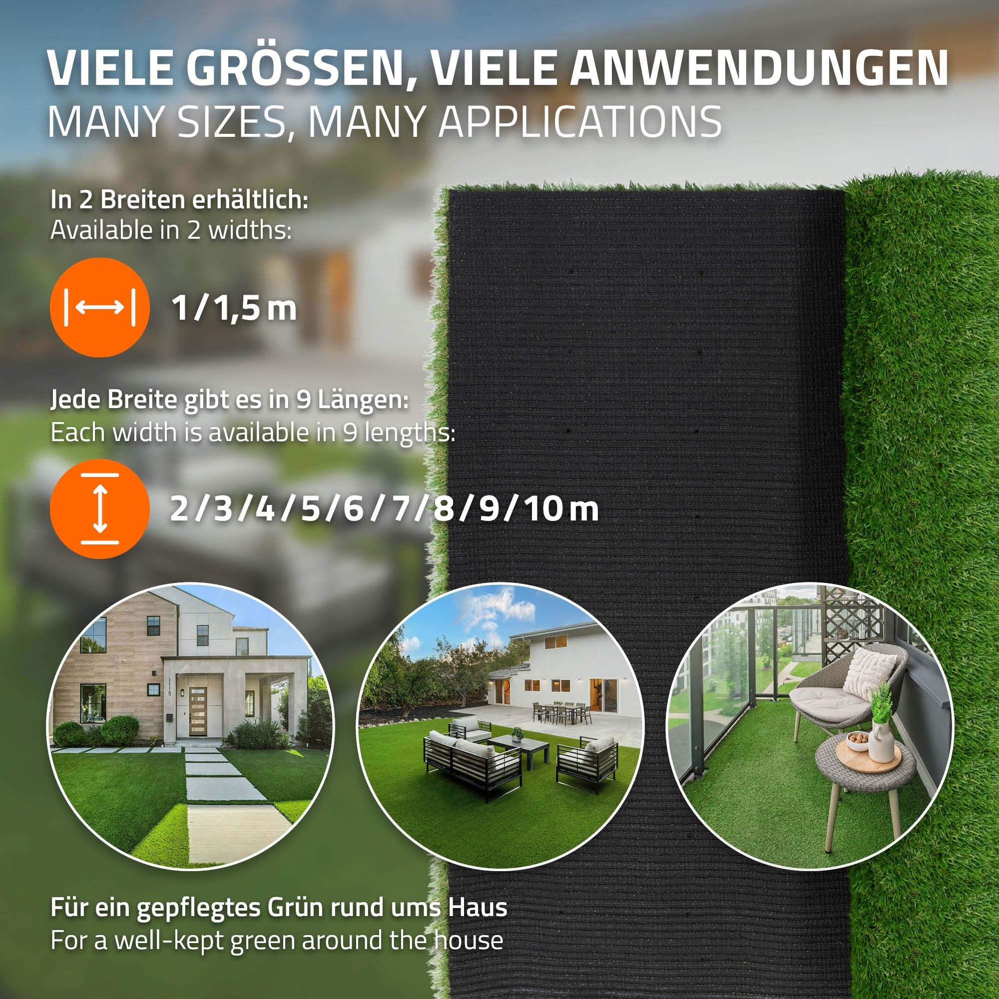 Grafik mit Informationen zu Kunstrasen in verschiedenen Größen und Anwendungen.
