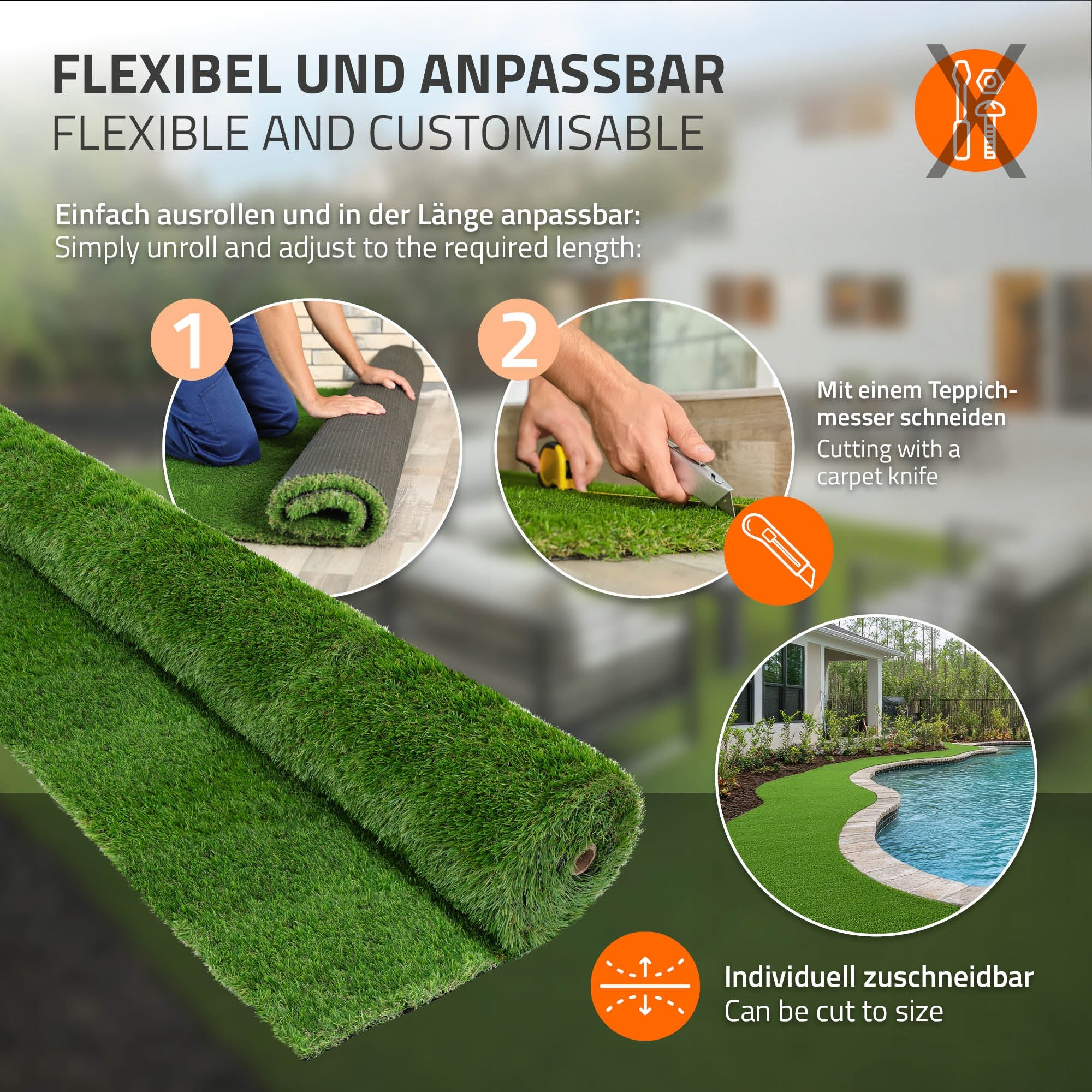 Rasenrolle wird ausgerollt, mit Teppichmesser geschnitten, Pool im Hintergrund.