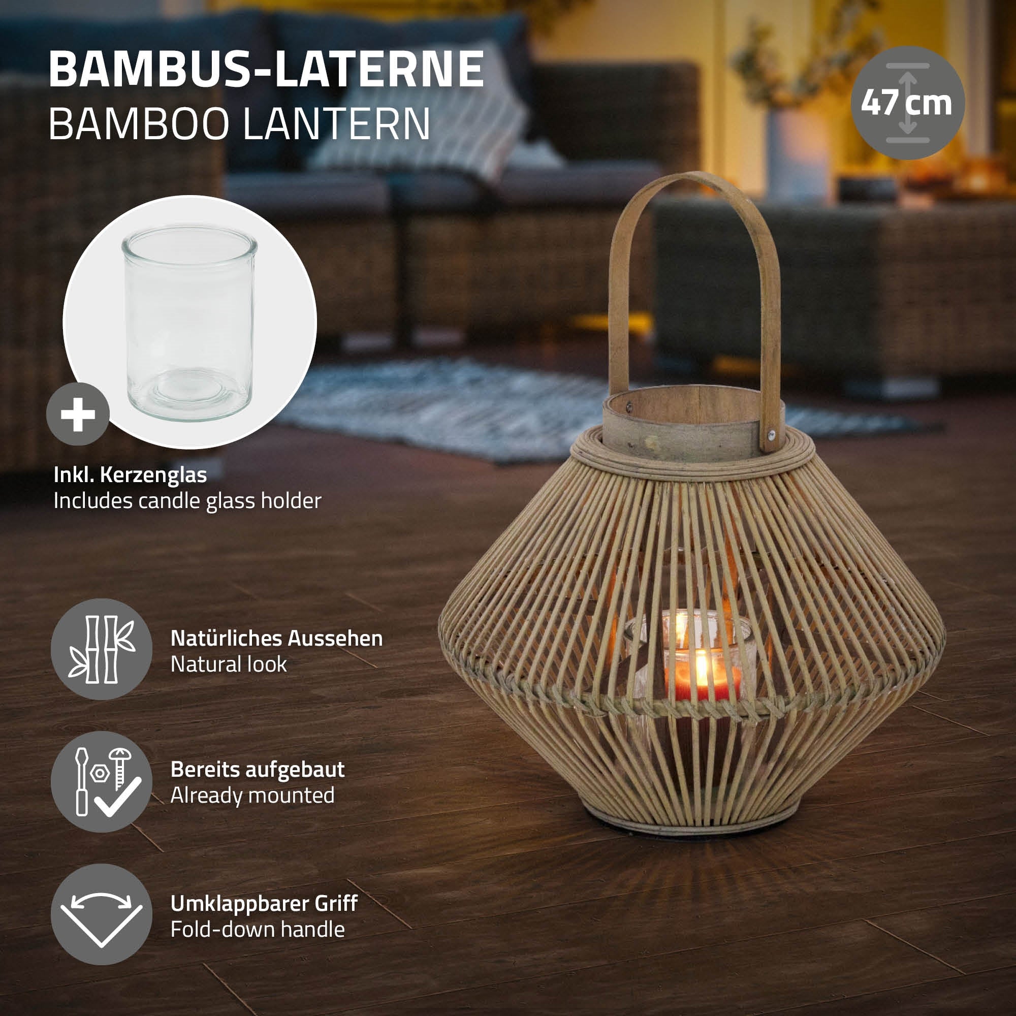 Bambus-Laterne mit Kerzenglas, natürlichem Aussehen und klappbarem Griff.