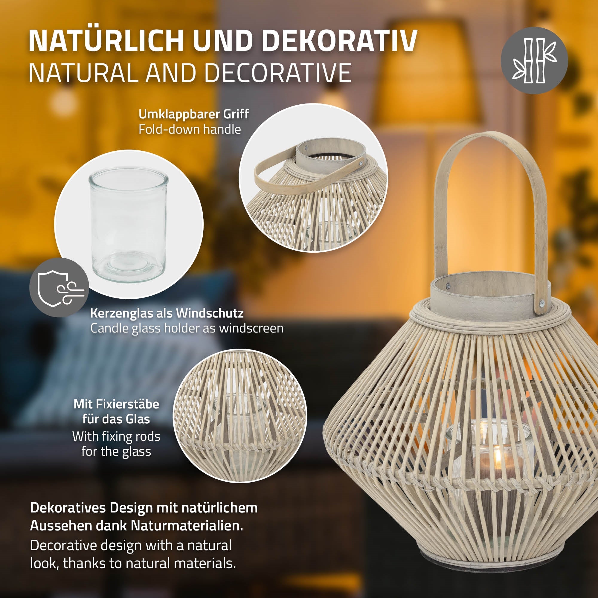 Lanterna in bambù con vetro e manico pieghevole, decorativa e funzionale.