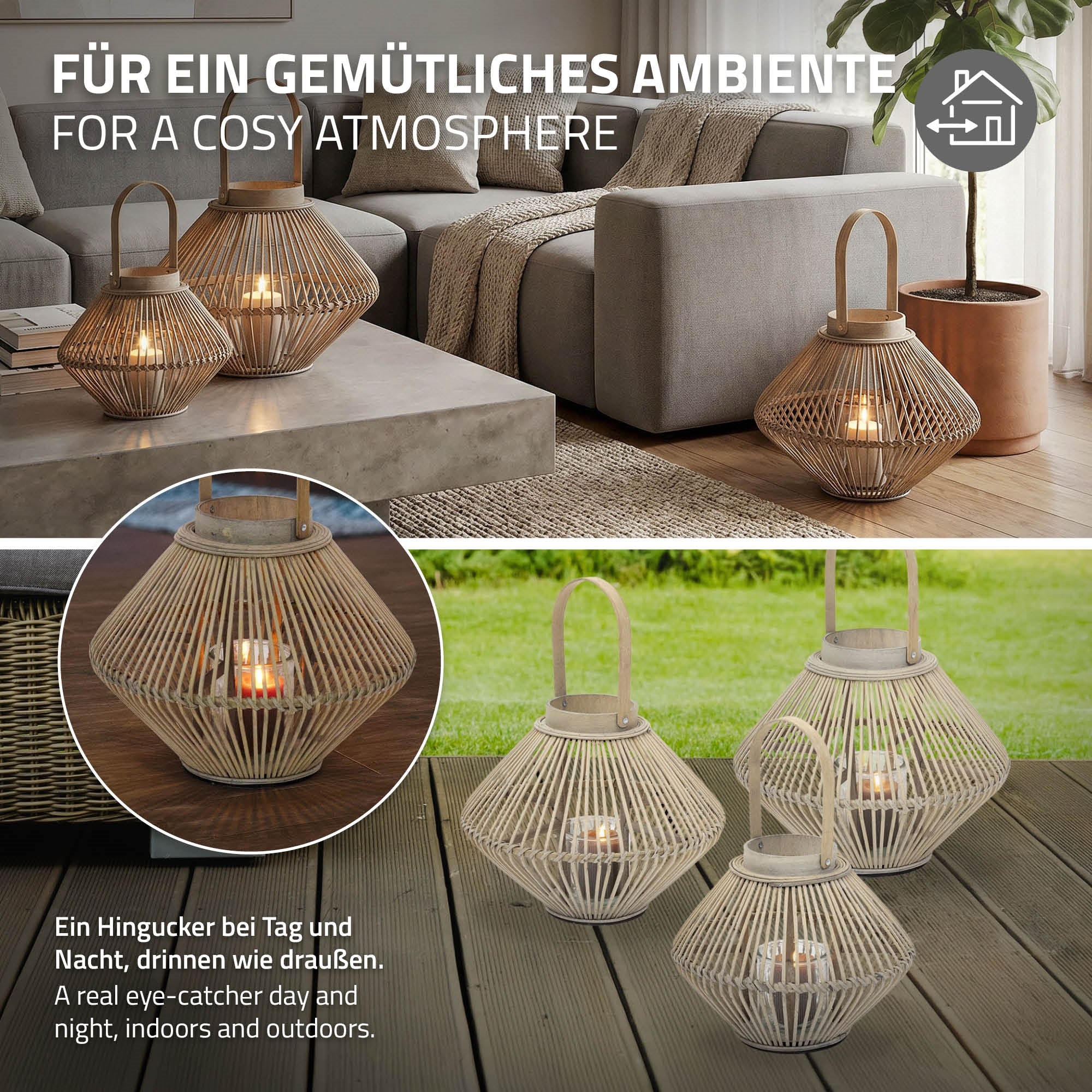 Zwei Laternen auf einem Tisch, umgeben von einer gemütlichen Wohnatmosphäre.