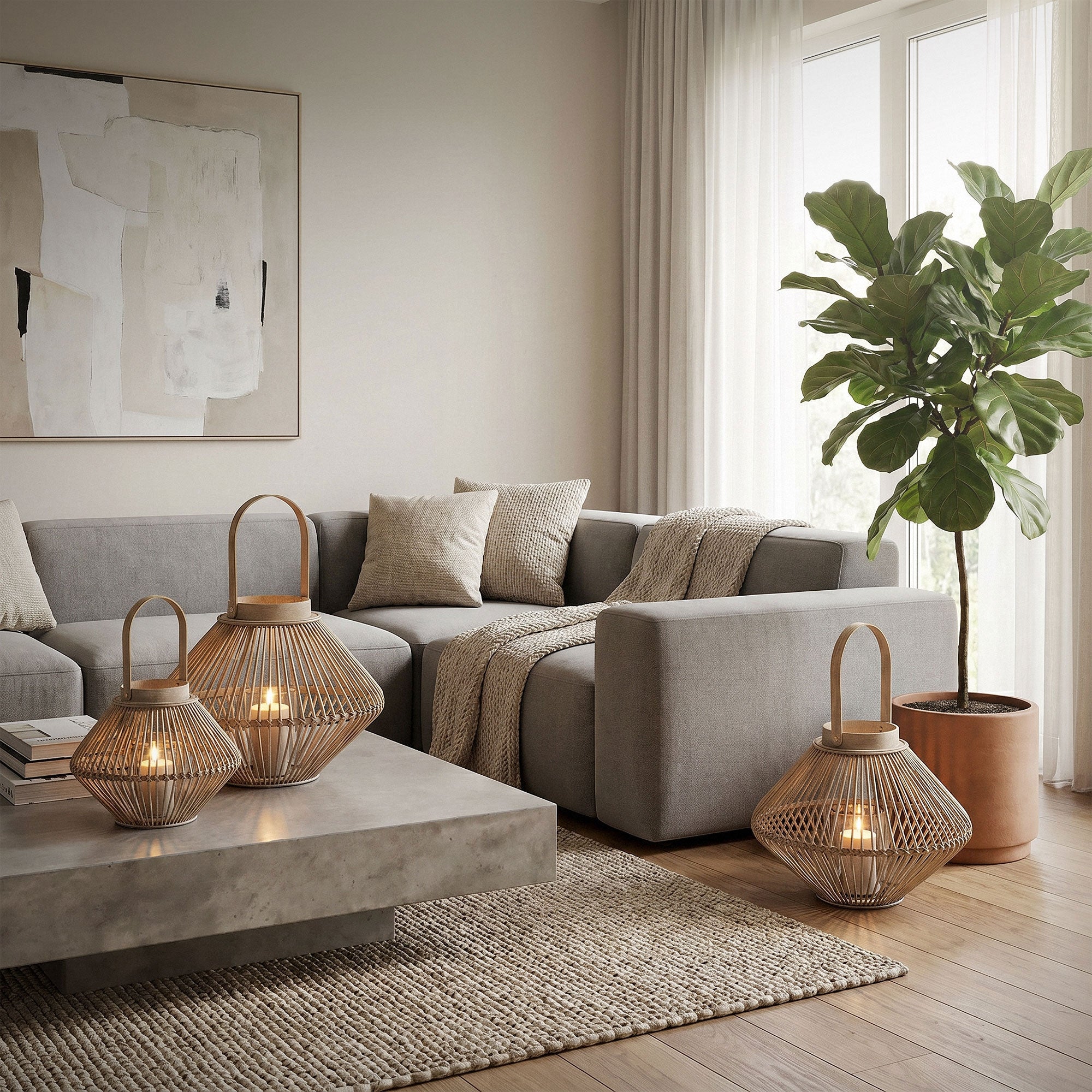 Wohnzimmer mit grauem Sofa, Pflanzen und Bambuslaternen auf einem Tisch.