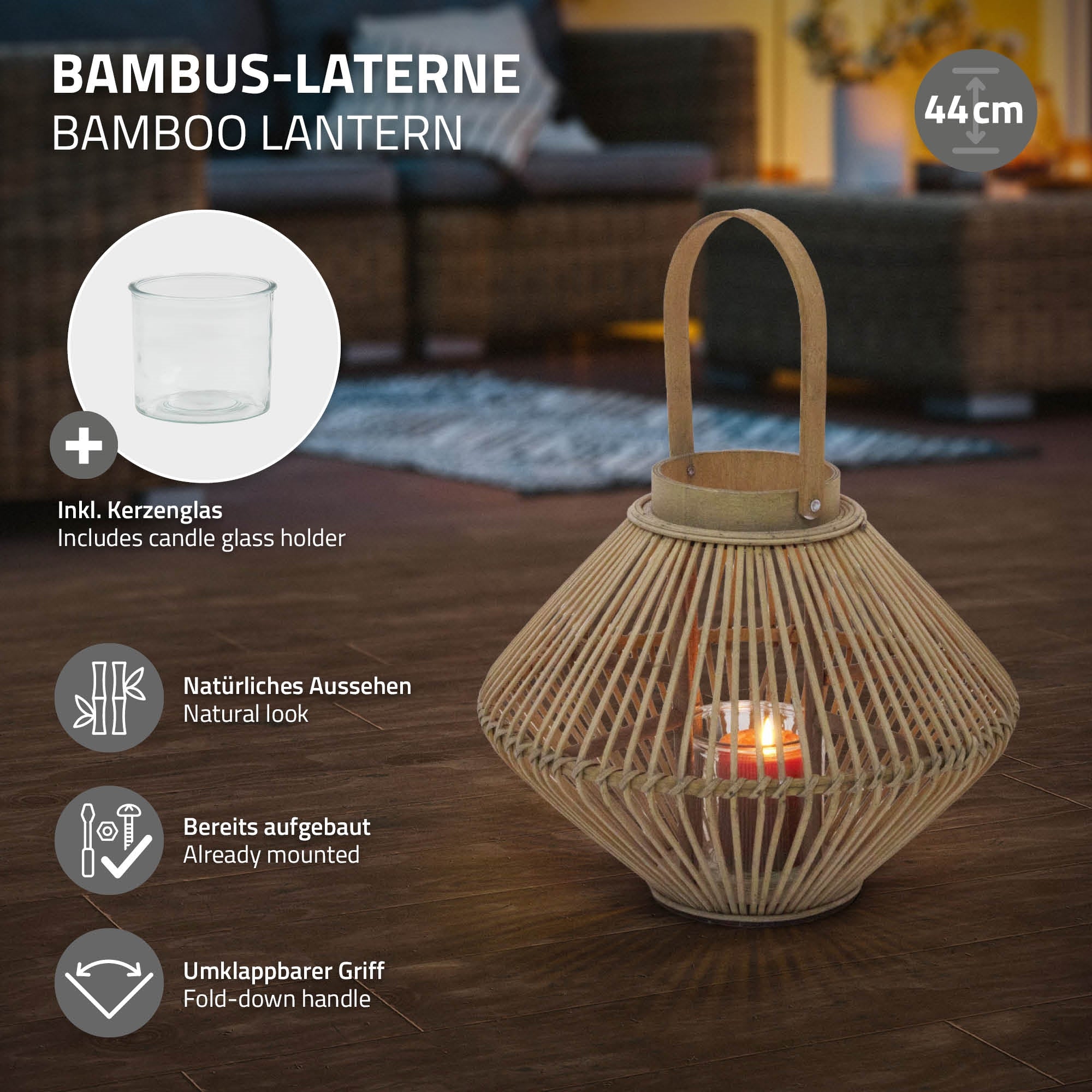 Bambus-Laterne mit Kerzenglas und natürlichem Aussehen.