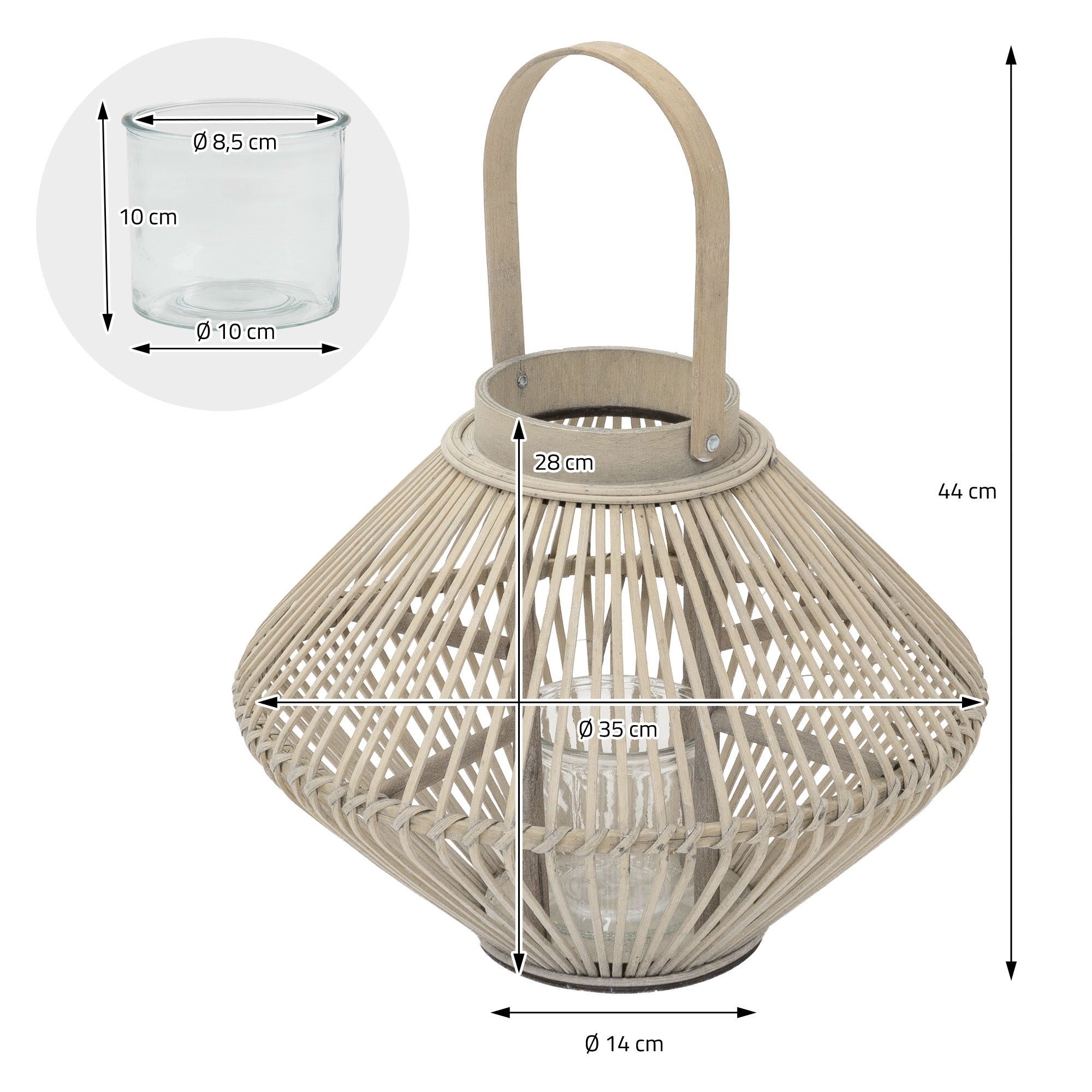 Maßzeichnung einer Bambus-Laterne, Durchmesser 28 cm, Höhe 44 cm.