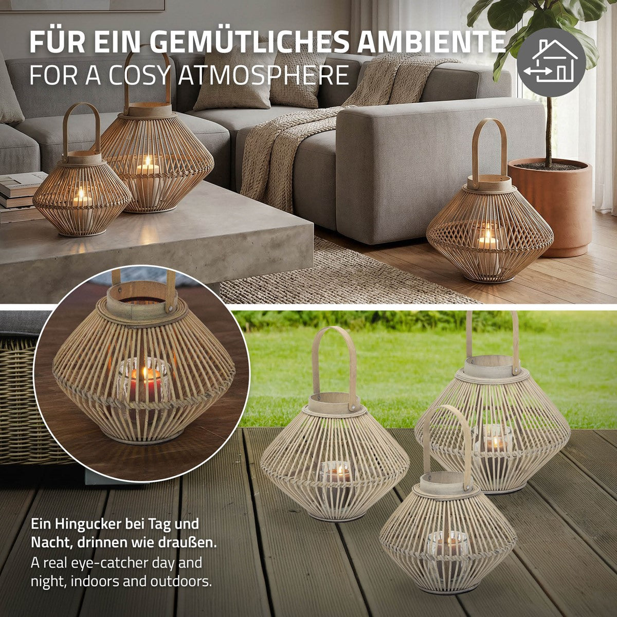 Drei Laternen aus Bambus mit Kerzen, auf einem Tisch und Boden.