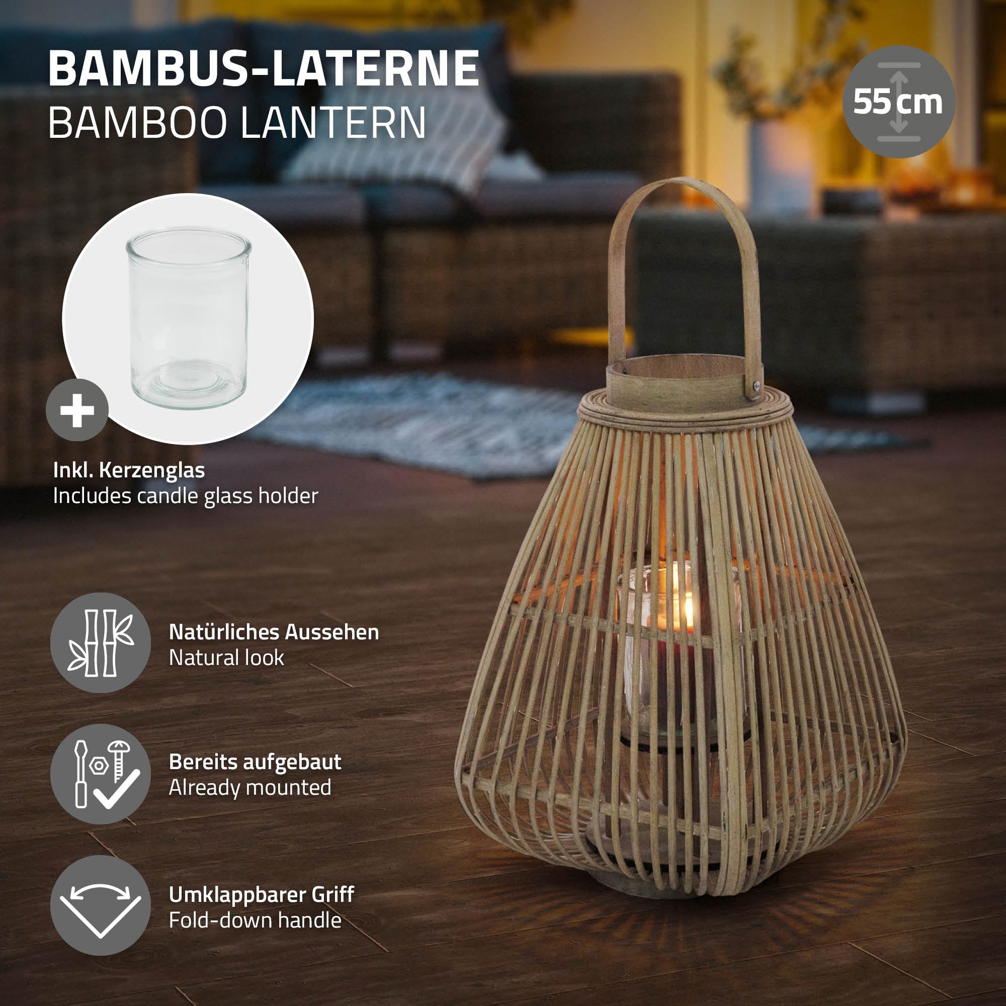Bambus-Laterne mit Kerzenglas, 55 cm hoch, natürlicher Look, bereits aufgebaut.