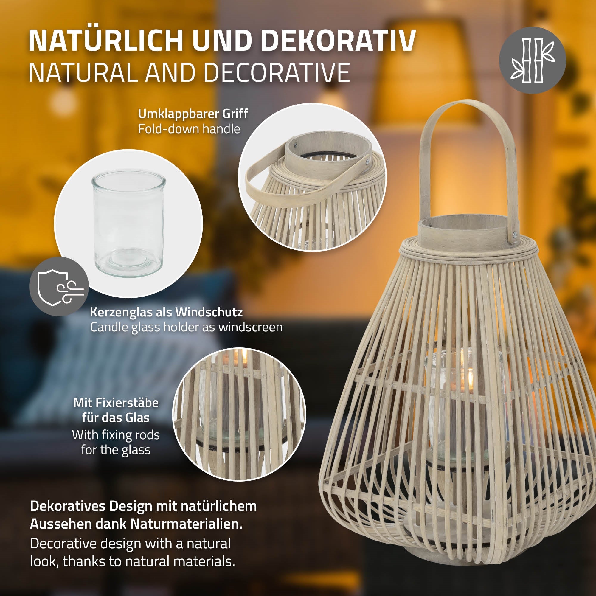 Nahaufnahme einer Rattanlaterne mit einem Glas und einem Faltgriff.