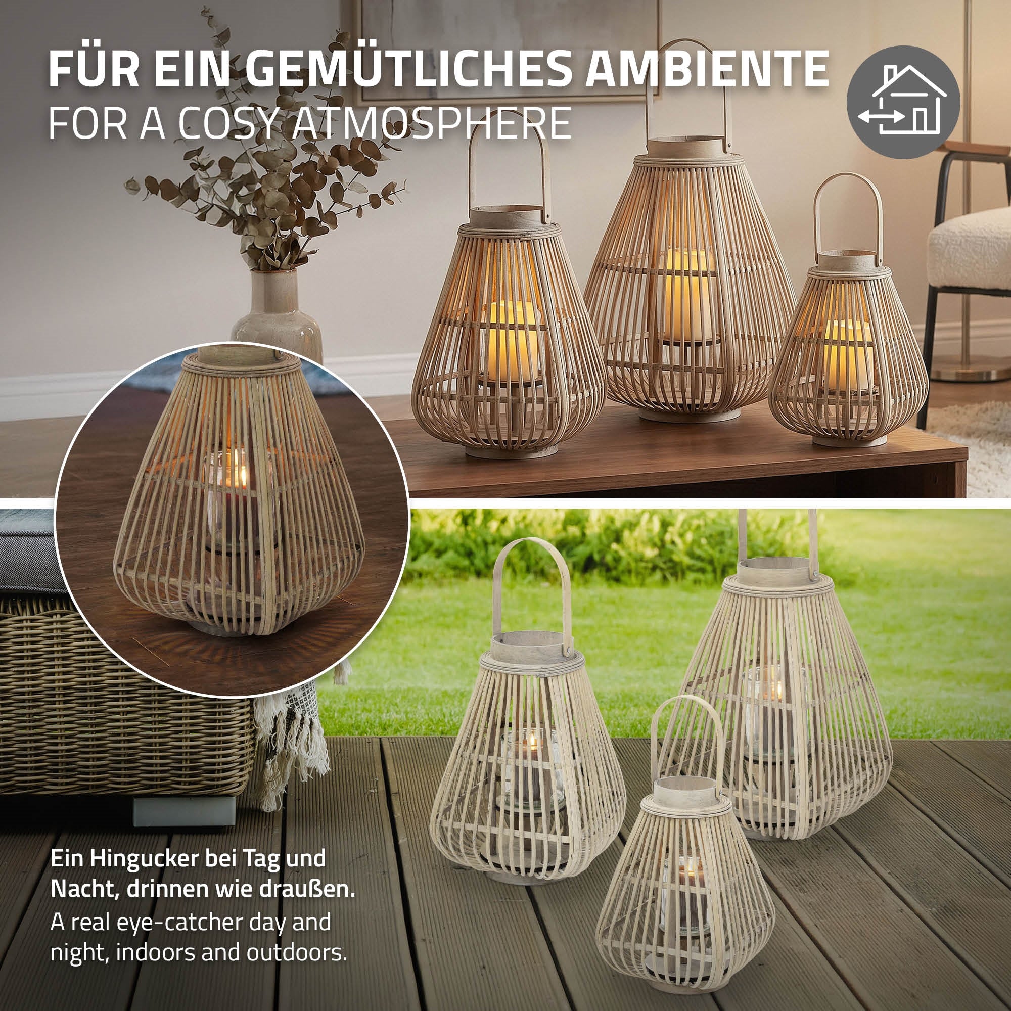 Drei Bambuslaternen auf einem Tisch, umgeben von einer gemütlichen Wohnatmosphäre.