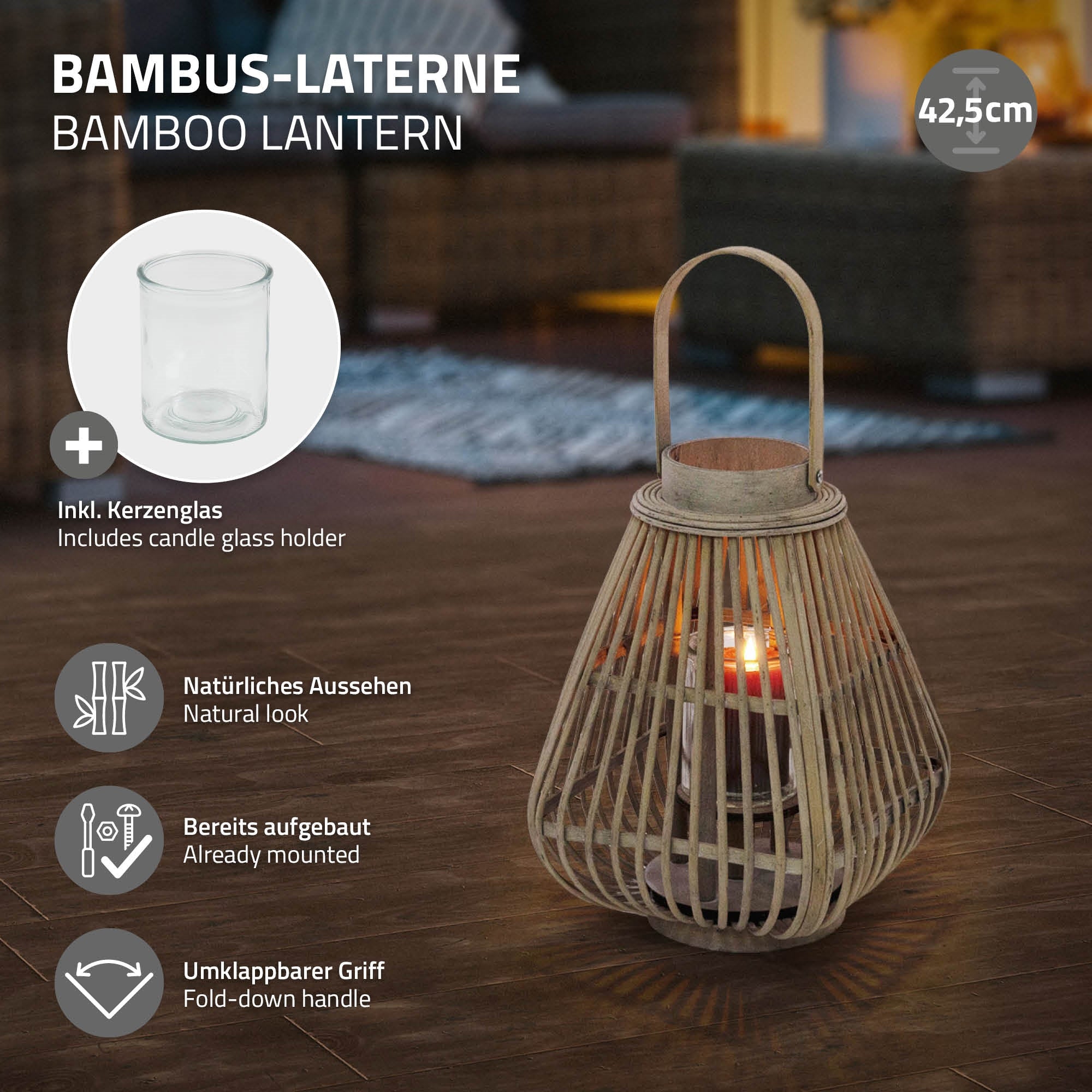 Bambus-Laterne mit Kerzenglas und Informationen zu Größe und Design.