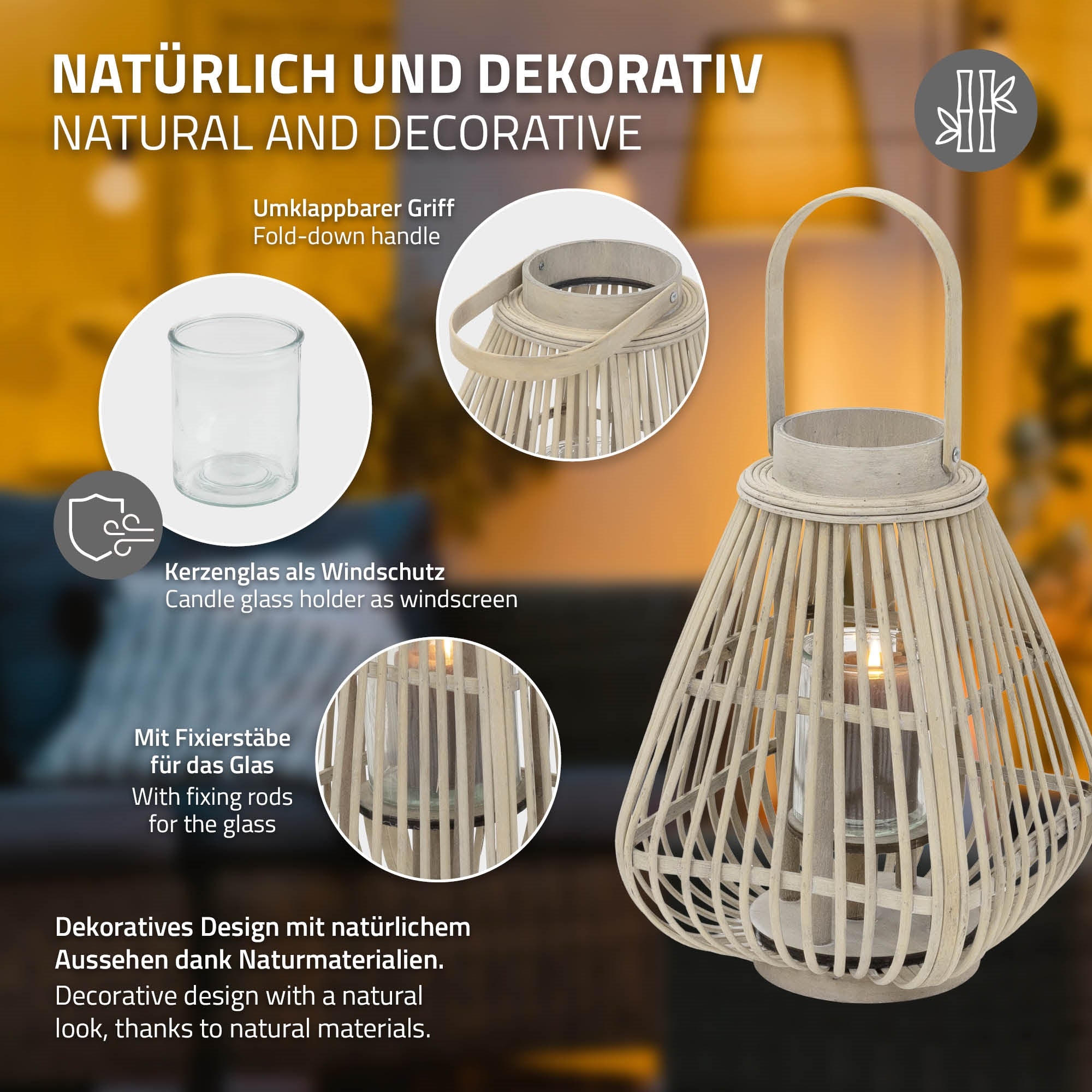 Lantern with candle glass and foldable handle, decoratively designed.
